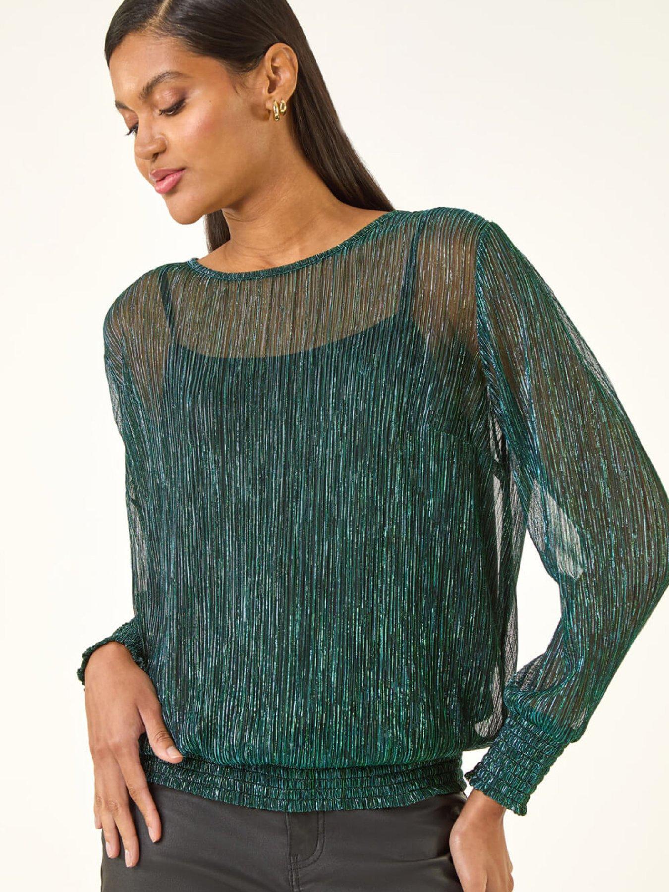 image of roman-plisse-shimmer-shirred-hem-top-green