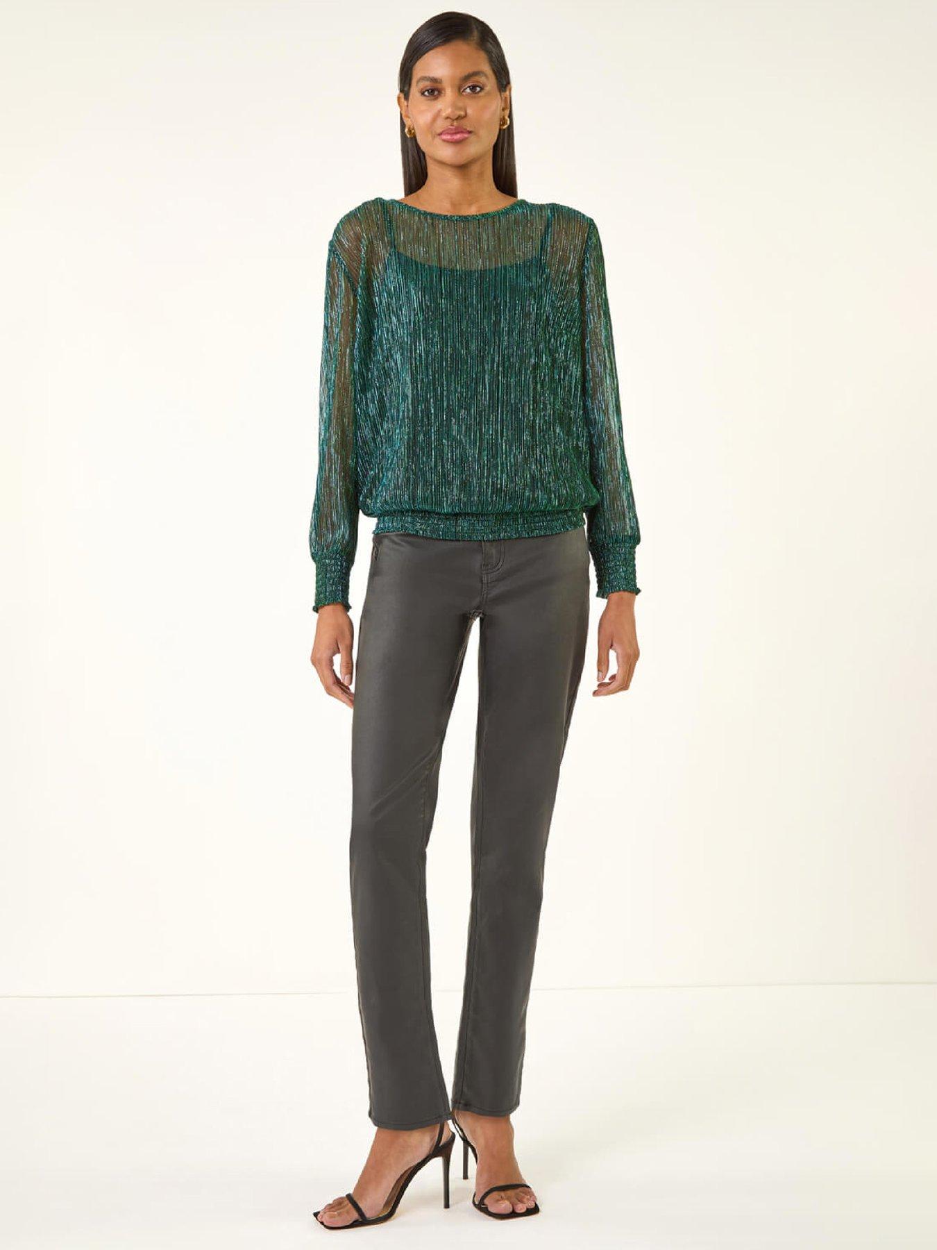  image of roman-plisse-shimmer-shirred-hem-top-green