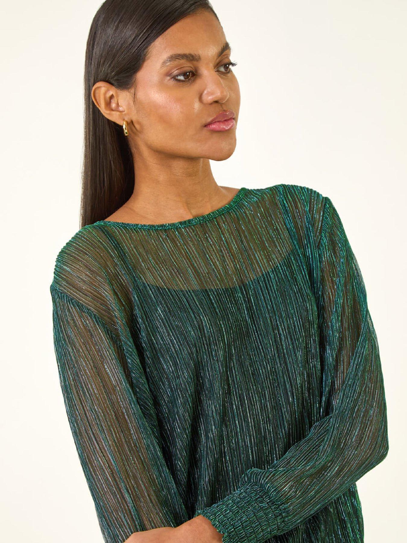  image of roman-plisse-shimmer-shirred-hem-top-green
