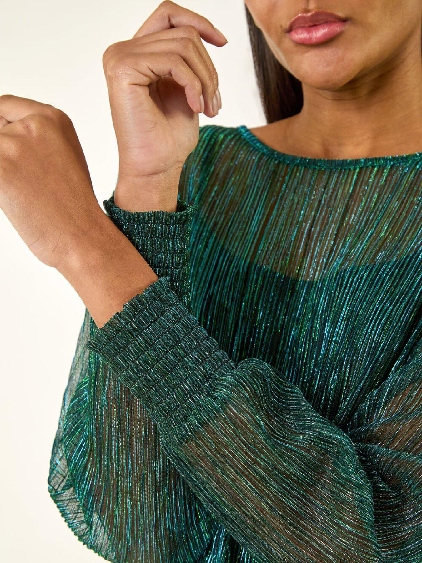  image of roman-plisse-shimmer-shirred-hem-top-green
