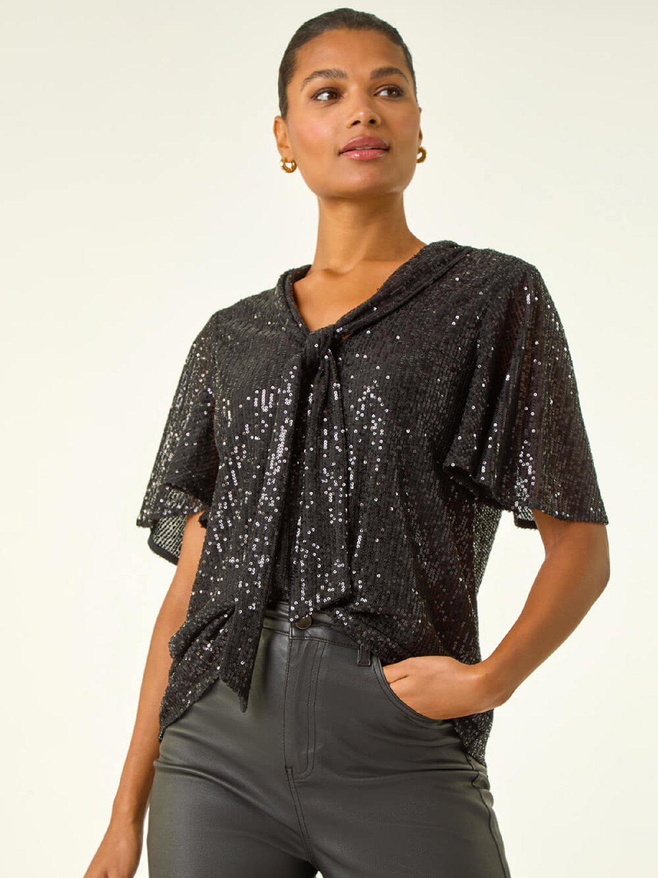 Roman Sequin Tie Neck Stretch Top