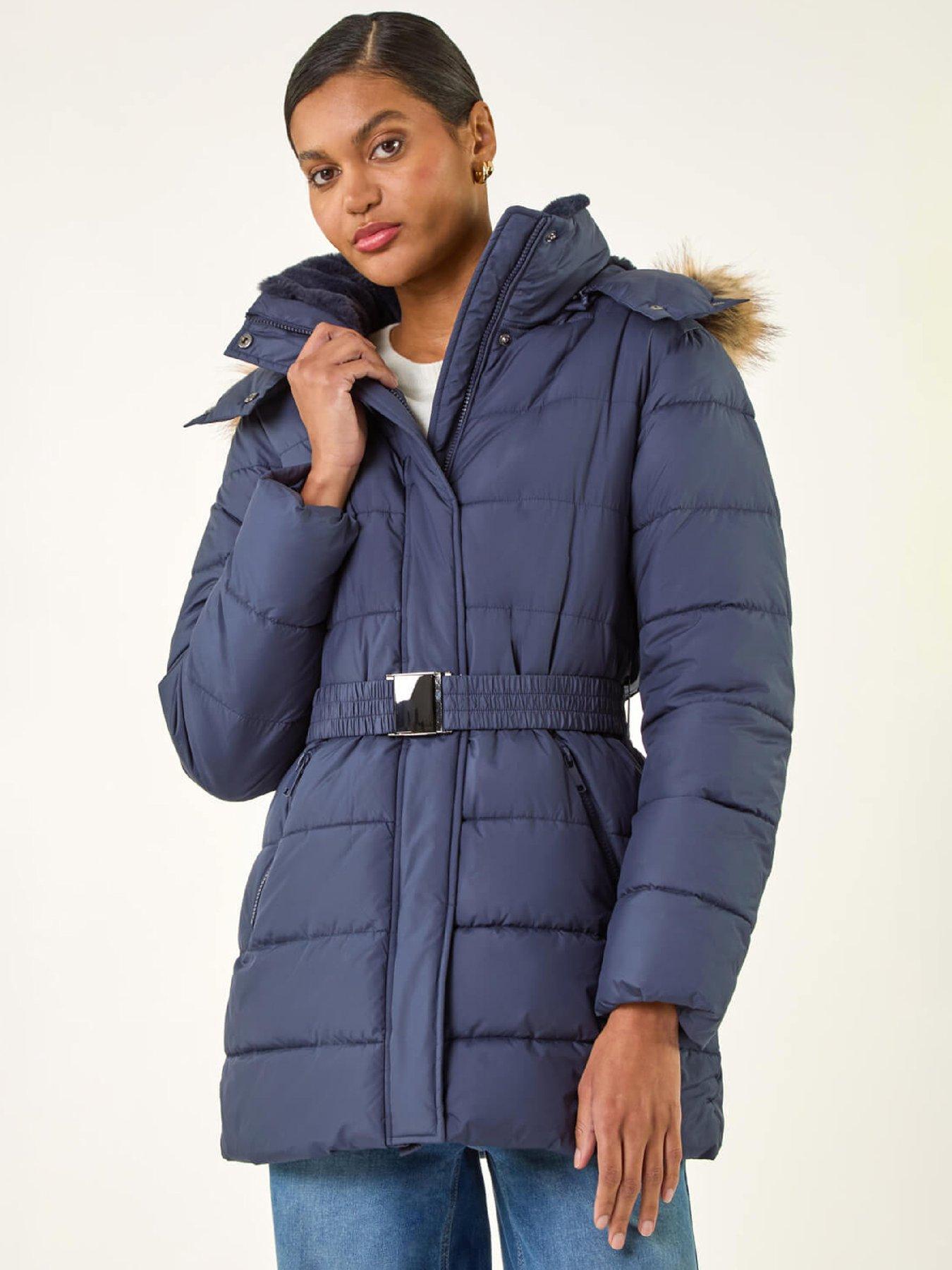 front image of roman-faux-fur-padded-belt-coat-blue
