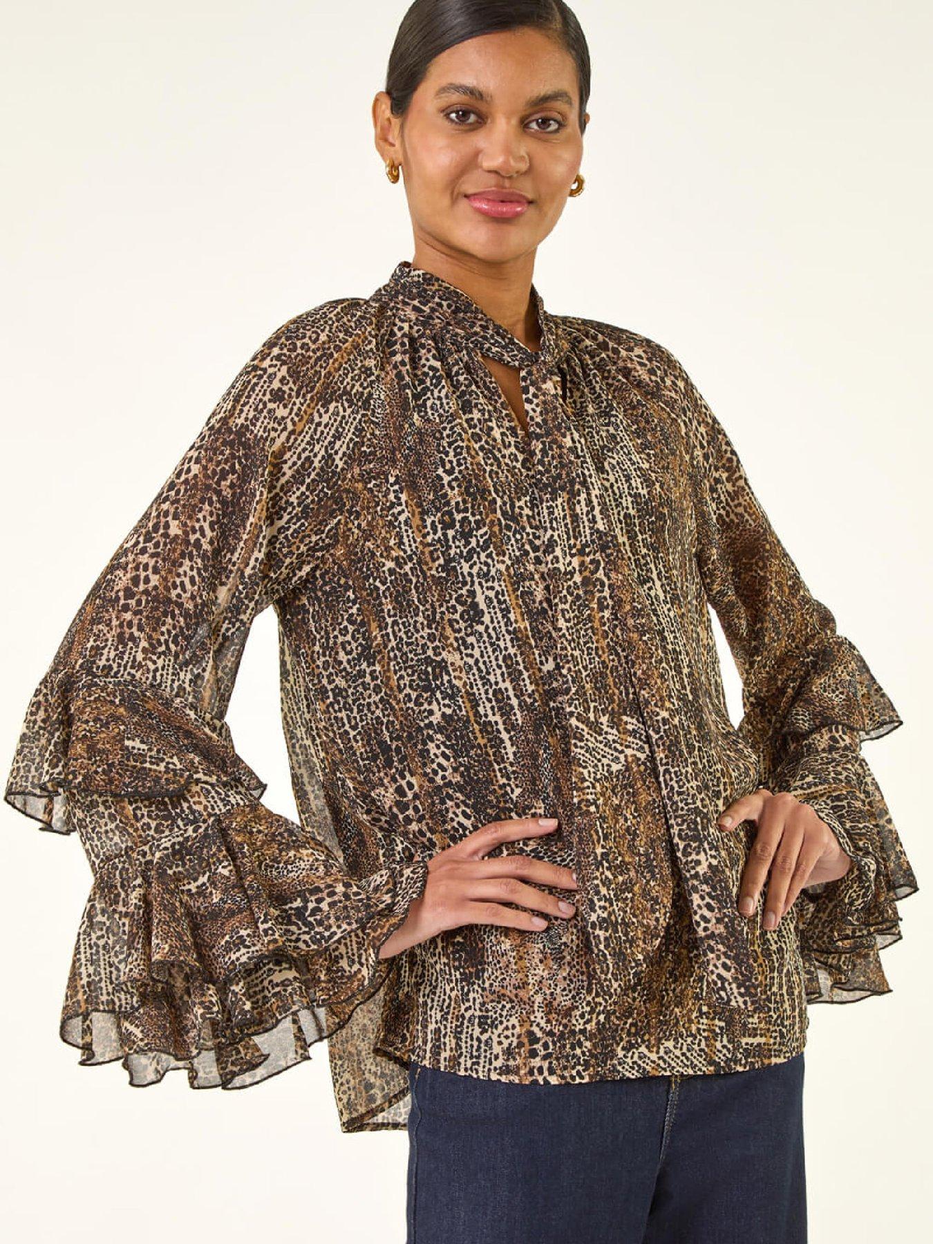 Roman Animal Print Tie Front Flared Top