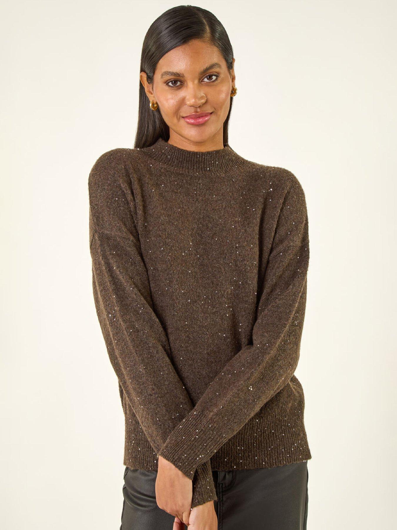  image of roman-sequin-high-neck-knit-jumper-brown
