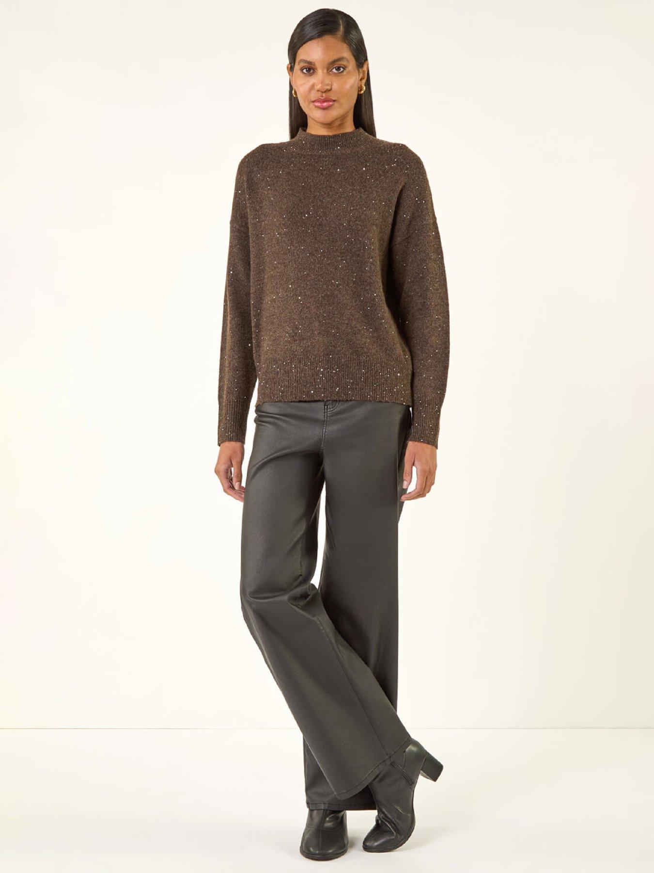  image of roman-sequin-high-neck-knit-jumper-brown