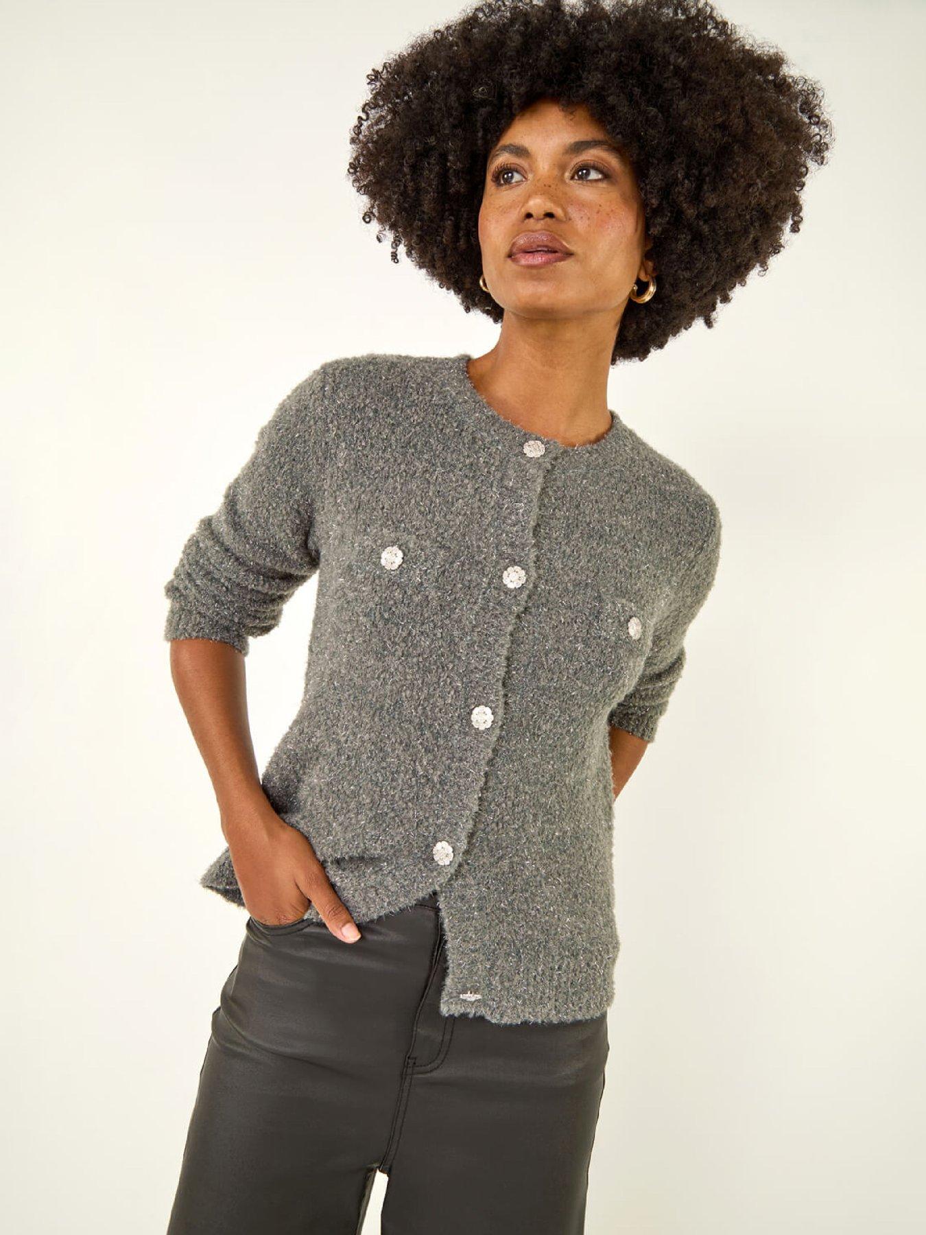 front image of roman-fluffy-shimmer-button-cardigan-grey