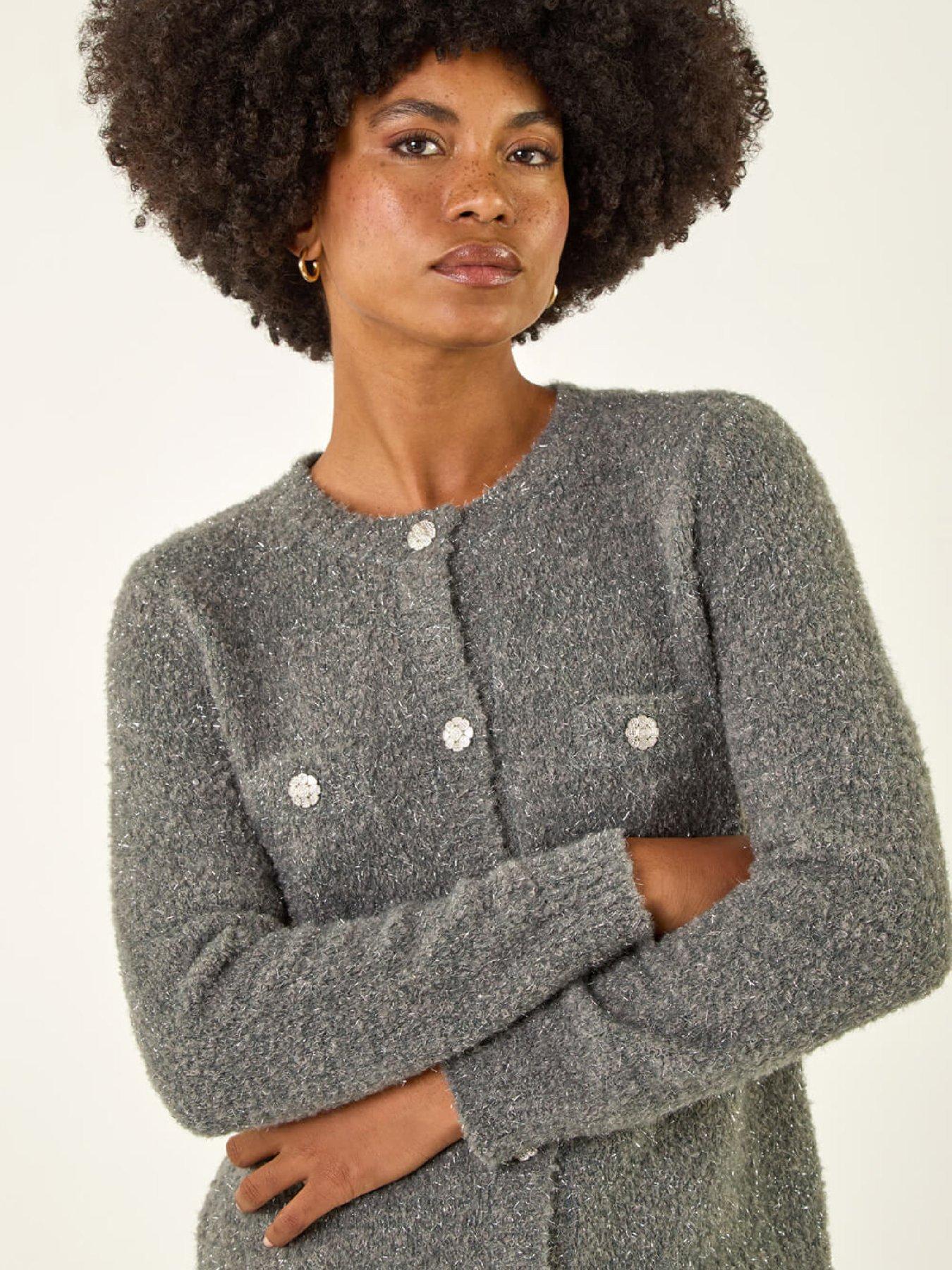 Image 4 of 5 of Roman Fluffy Shimmer Button Cardigan - Grey