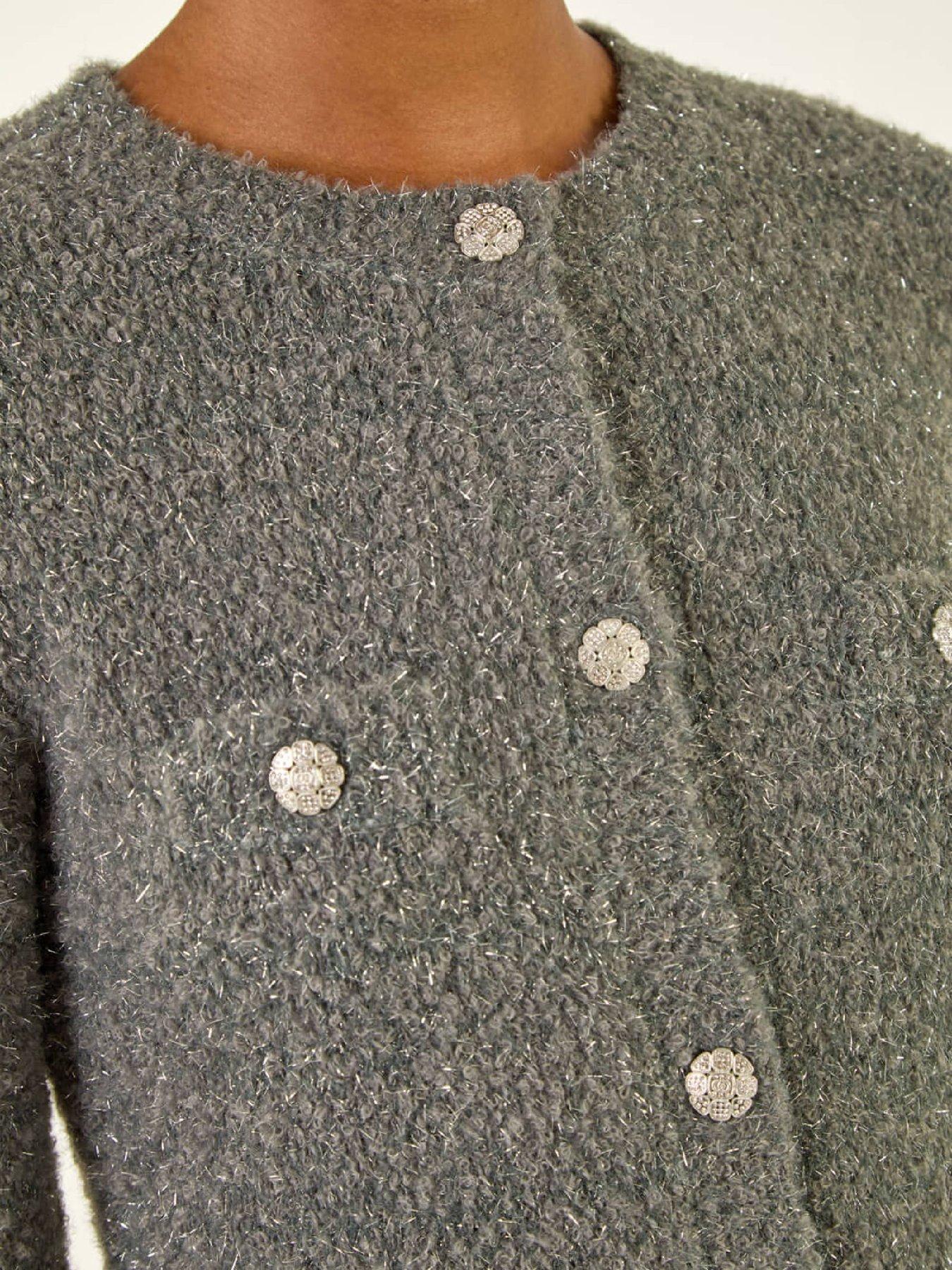 Image 5 of 5 of Roman Fluffy Shimmer Button Cardigan - Grey
