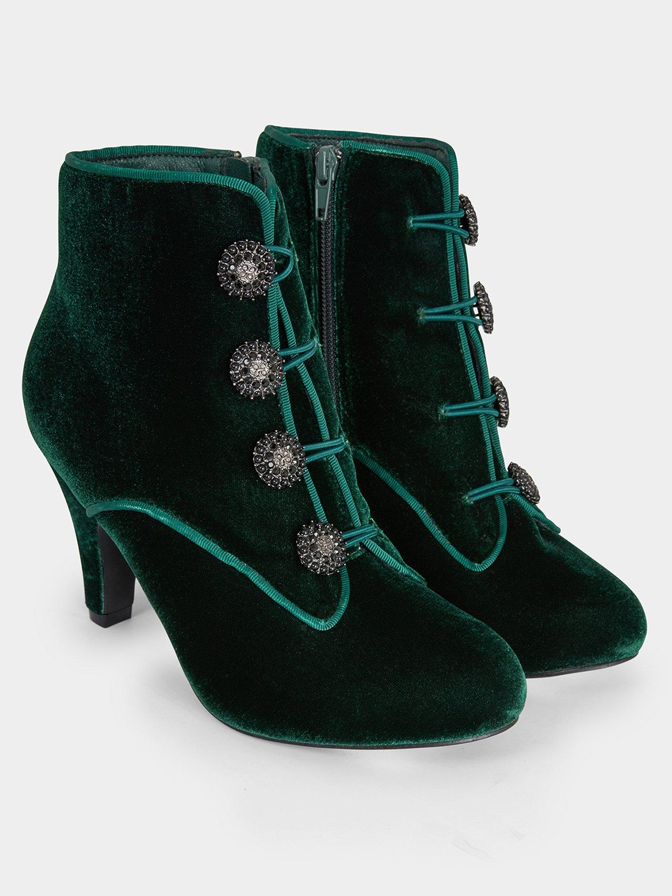  image of joe-browns-charming-jewel-button-velvet-ankle-boots-dark-green