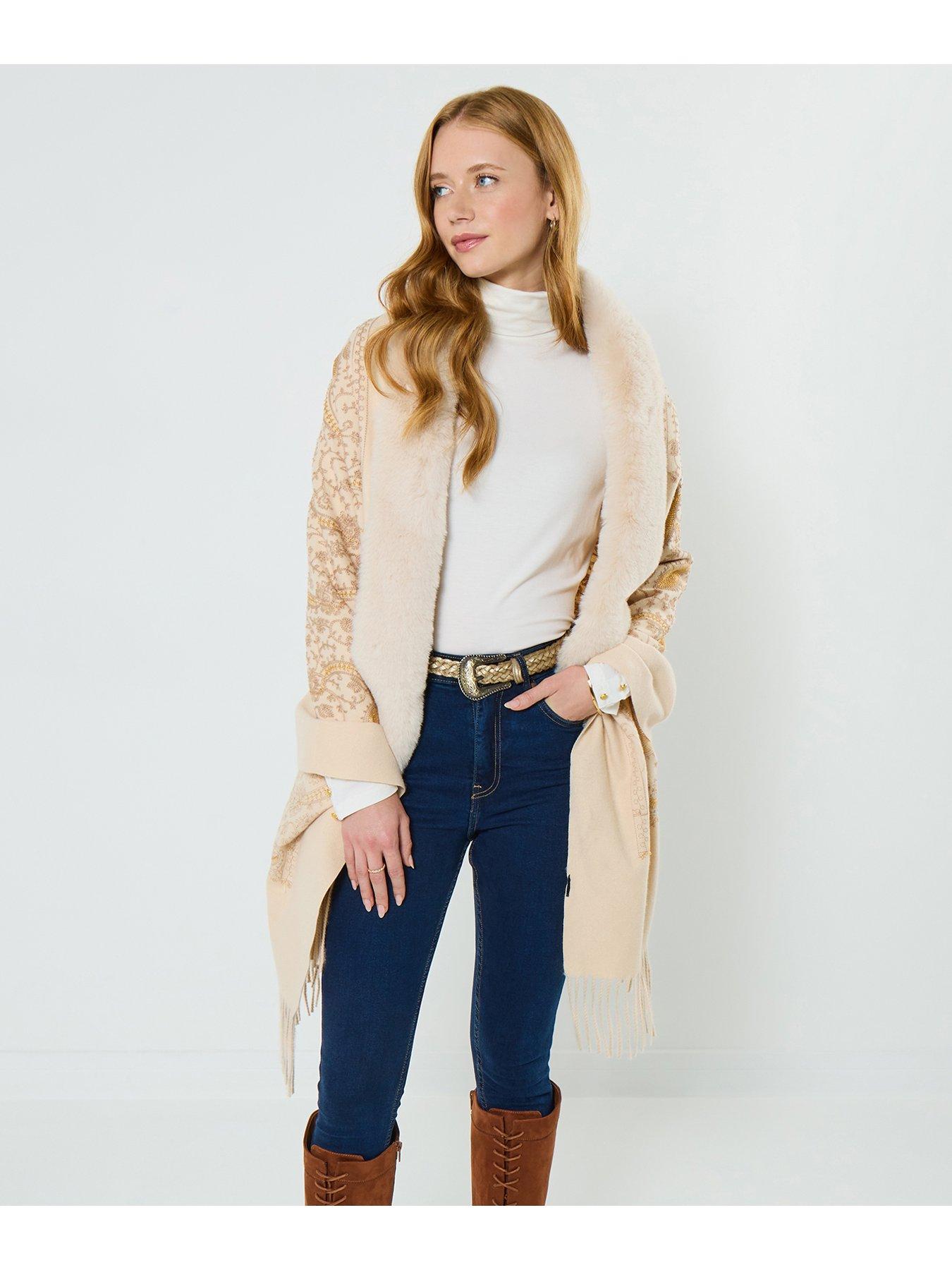 Image 1 of 4 of Joe Browns Embroidered Paisley Wrap With Fur - Beige
