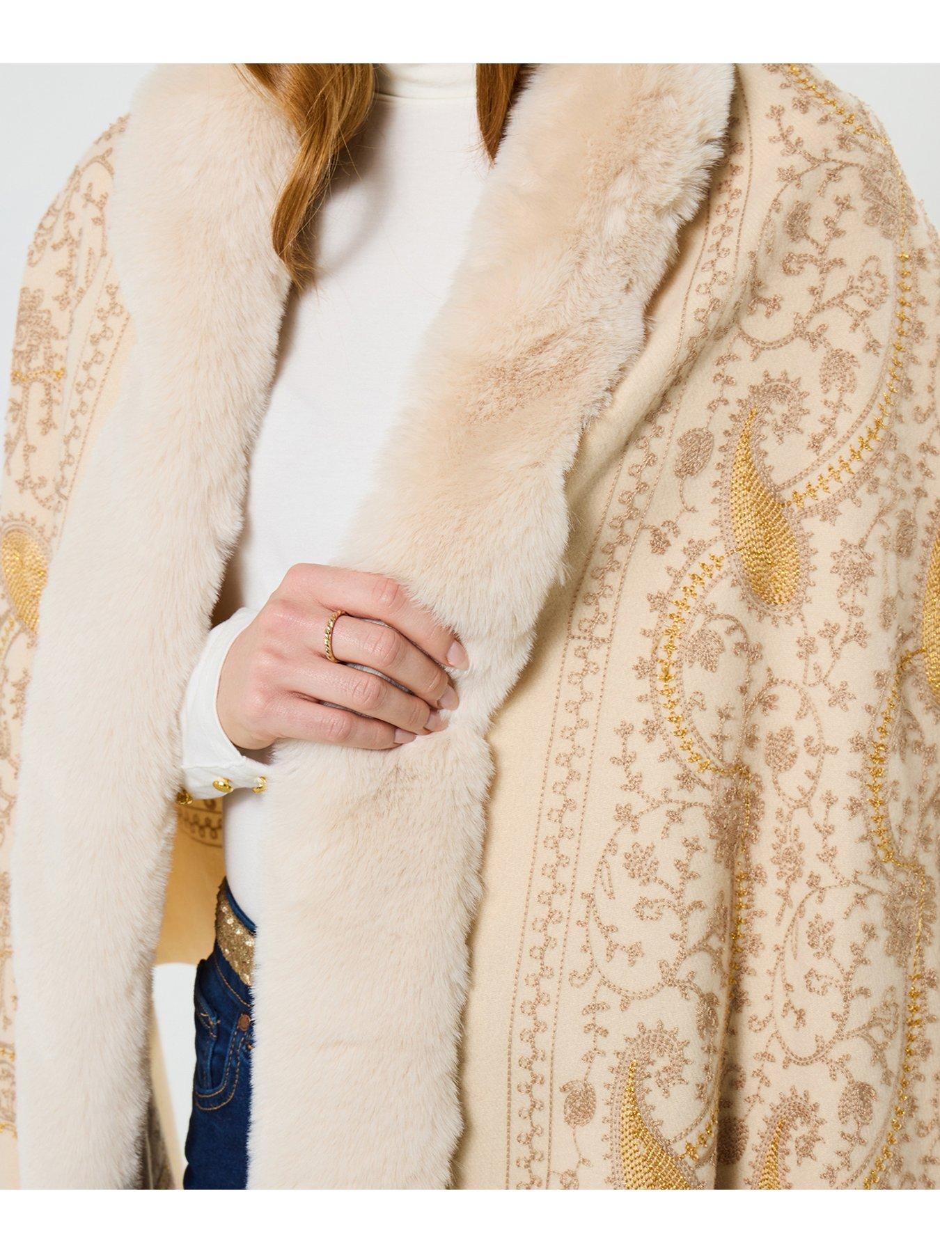 Image 2 of 4 of Joe Browns Embroidered Paisley Wrap With Fur - Beige