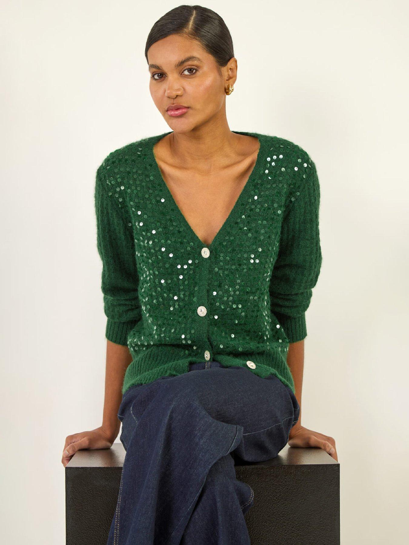 Roman Buttoned Sequin Knit Cardigan - Green