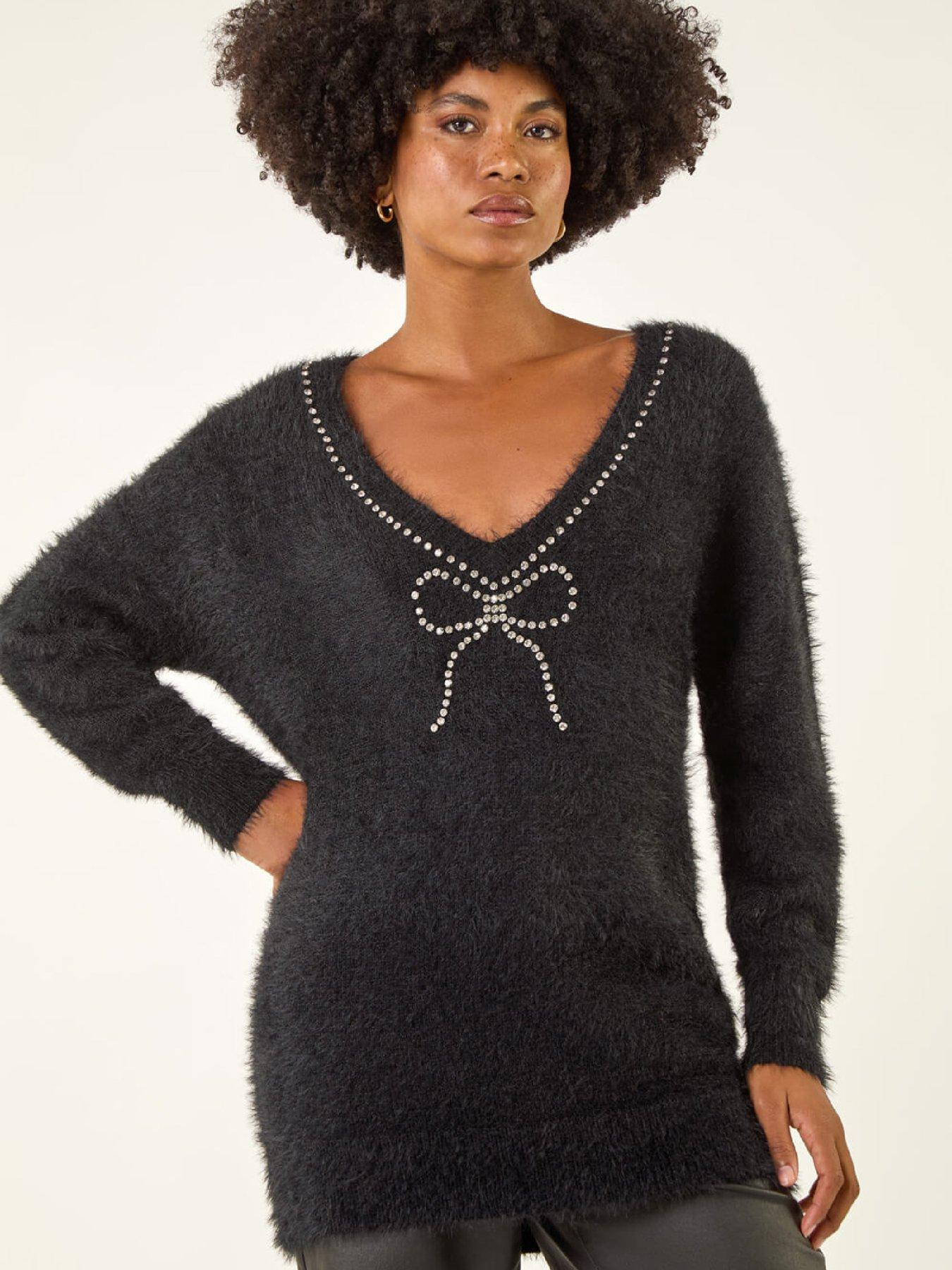  image of roman-fluffy-embellished-bow-knit-jumper-black