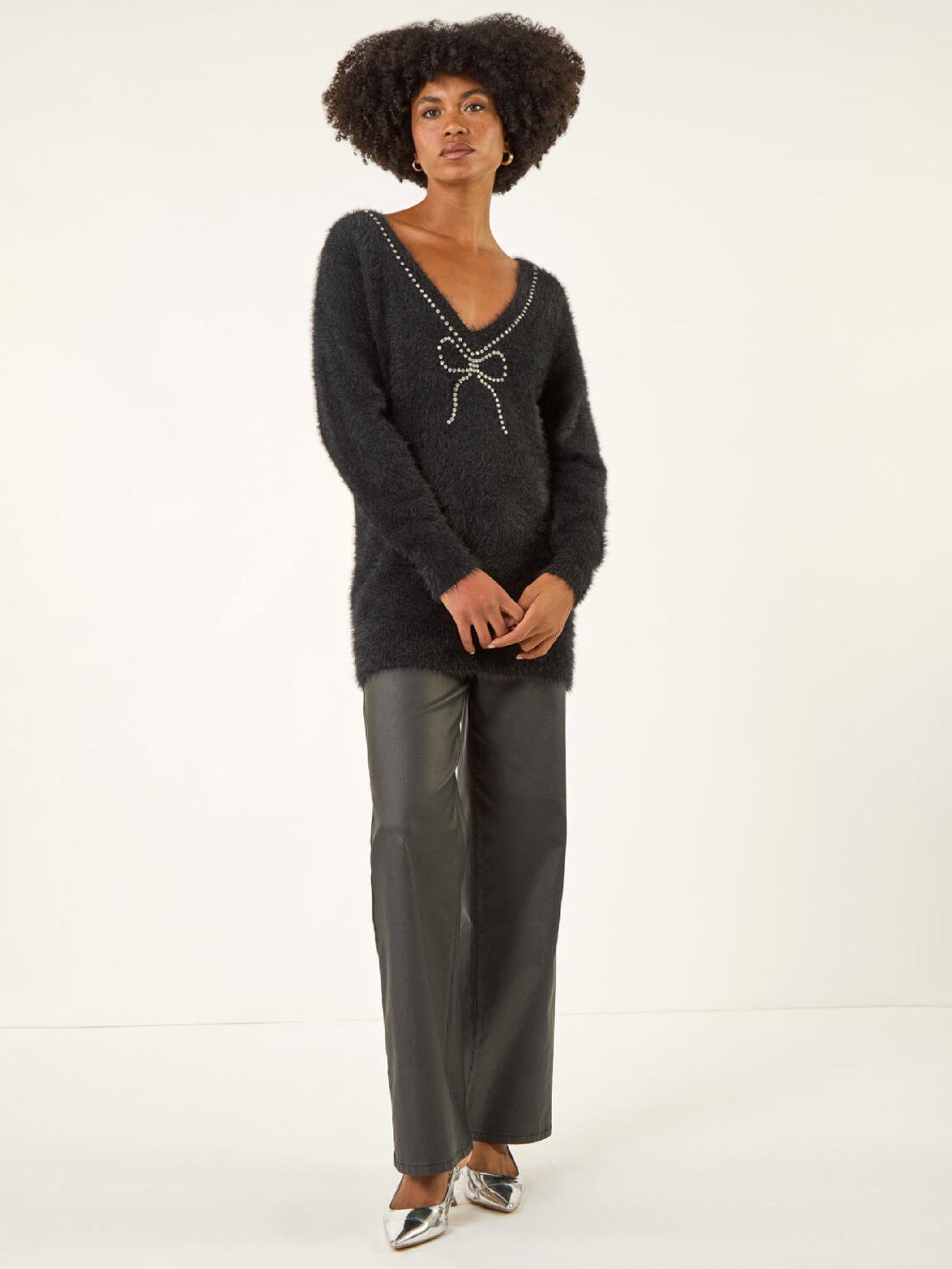  image of roman-fluffy-embellished-bow-knit-jumper-black