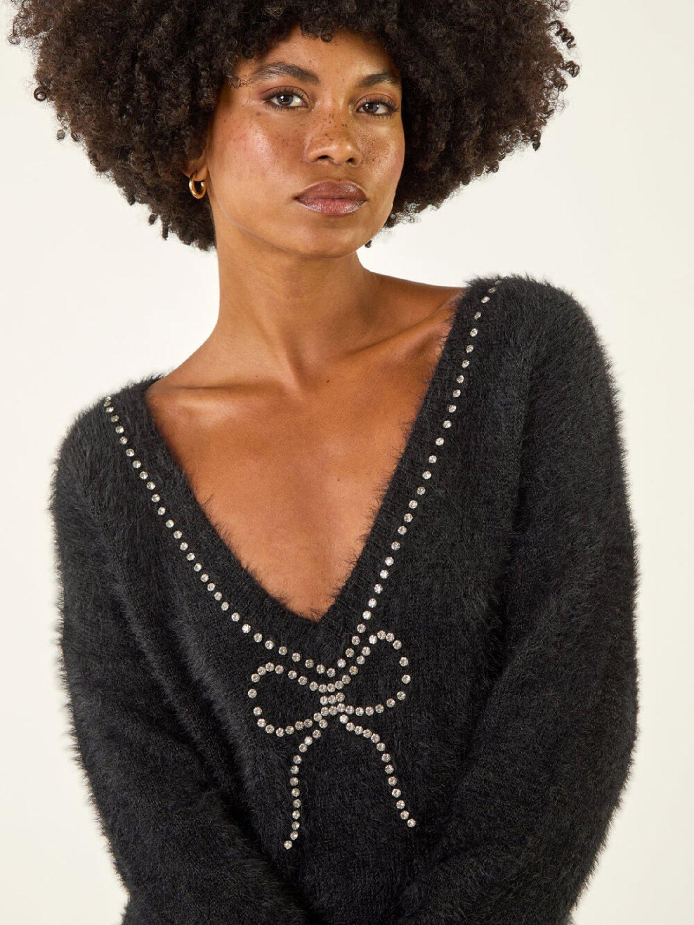  image of roman-fluffy-embellished-bow-knit-jumper-black