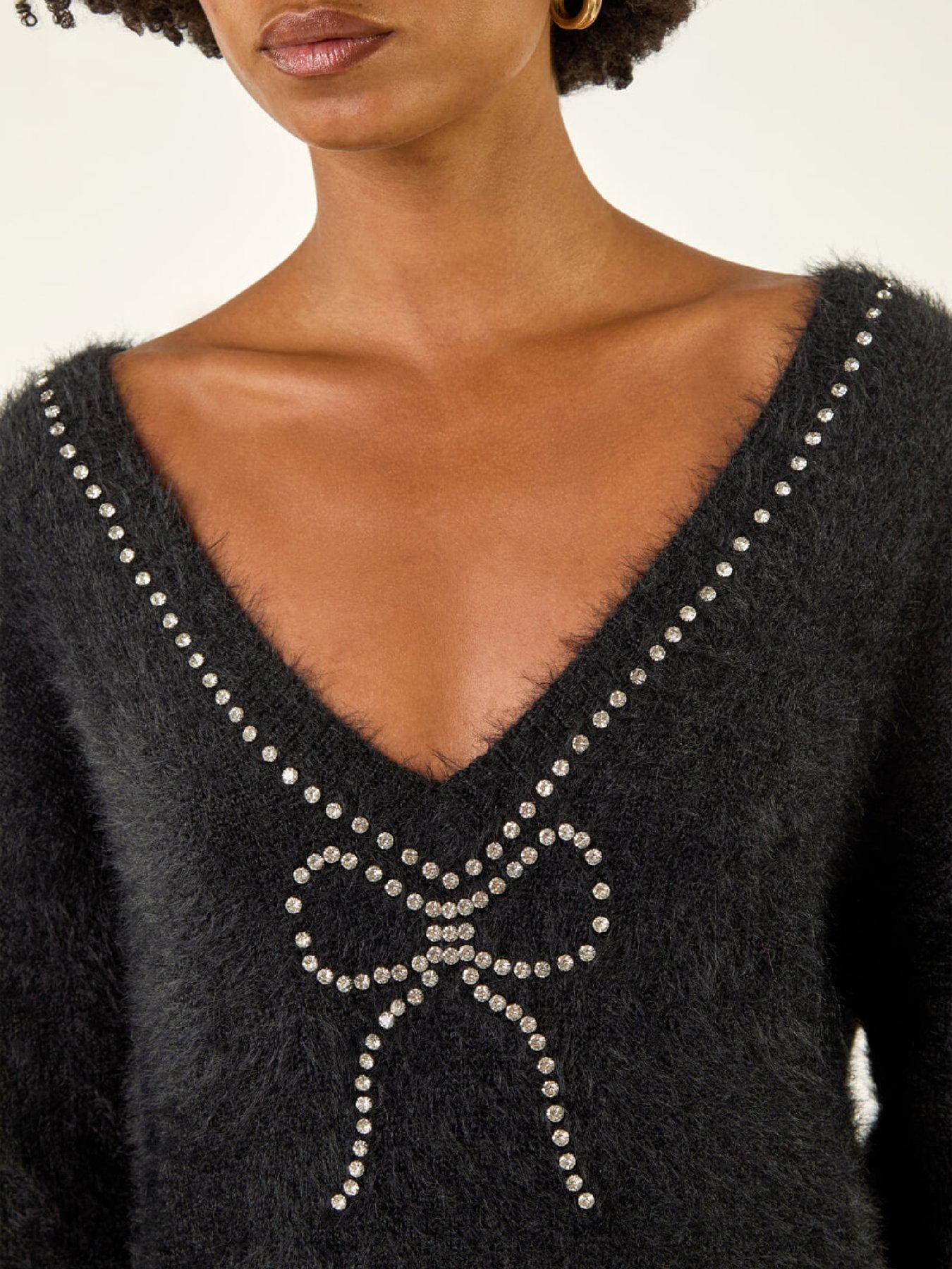  image of roman-fluffy-embellished-bow-knit-jumper-black
