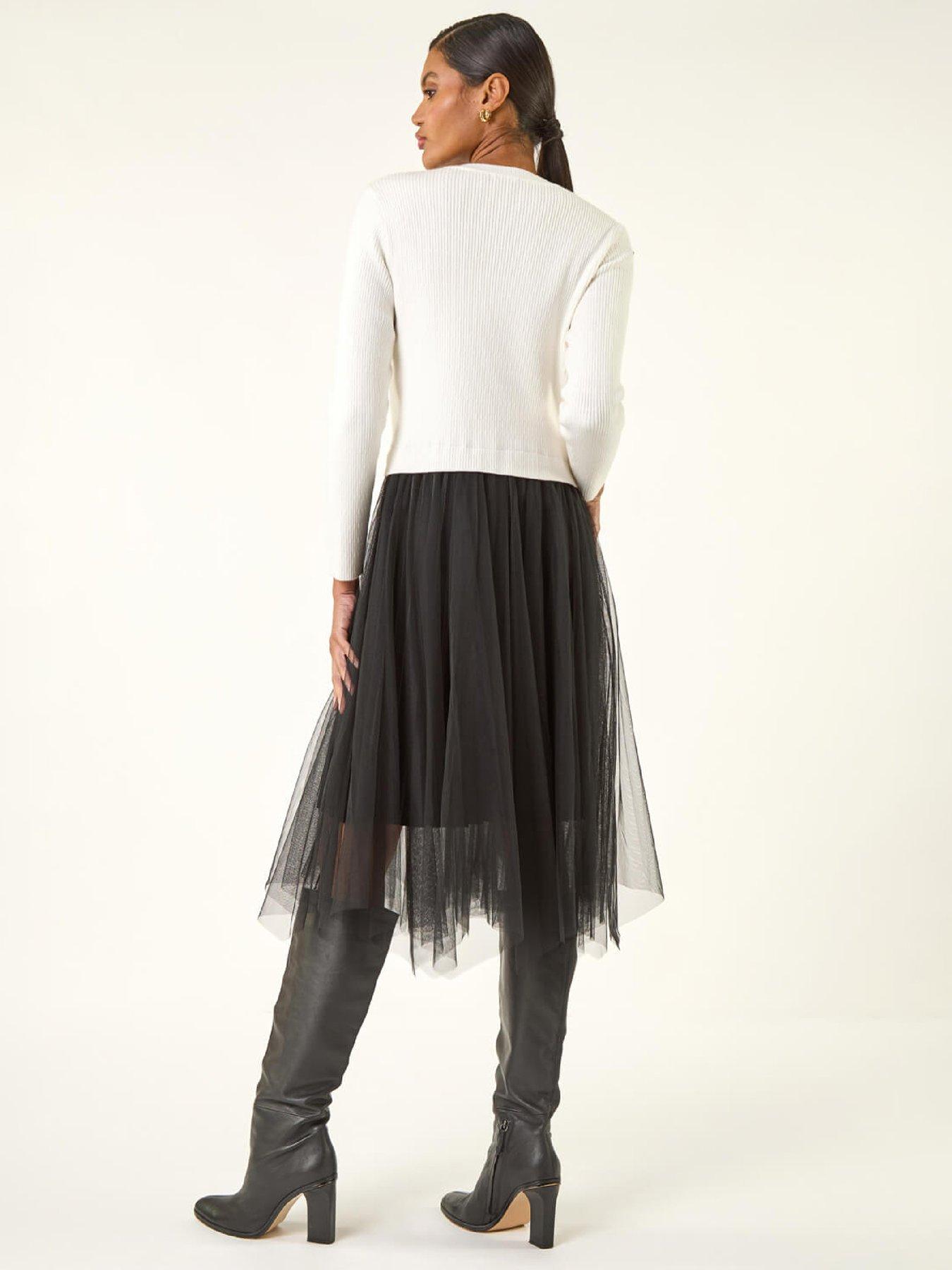 stillFront image of roman-buttoned-mesh-knit-midi-dress-white