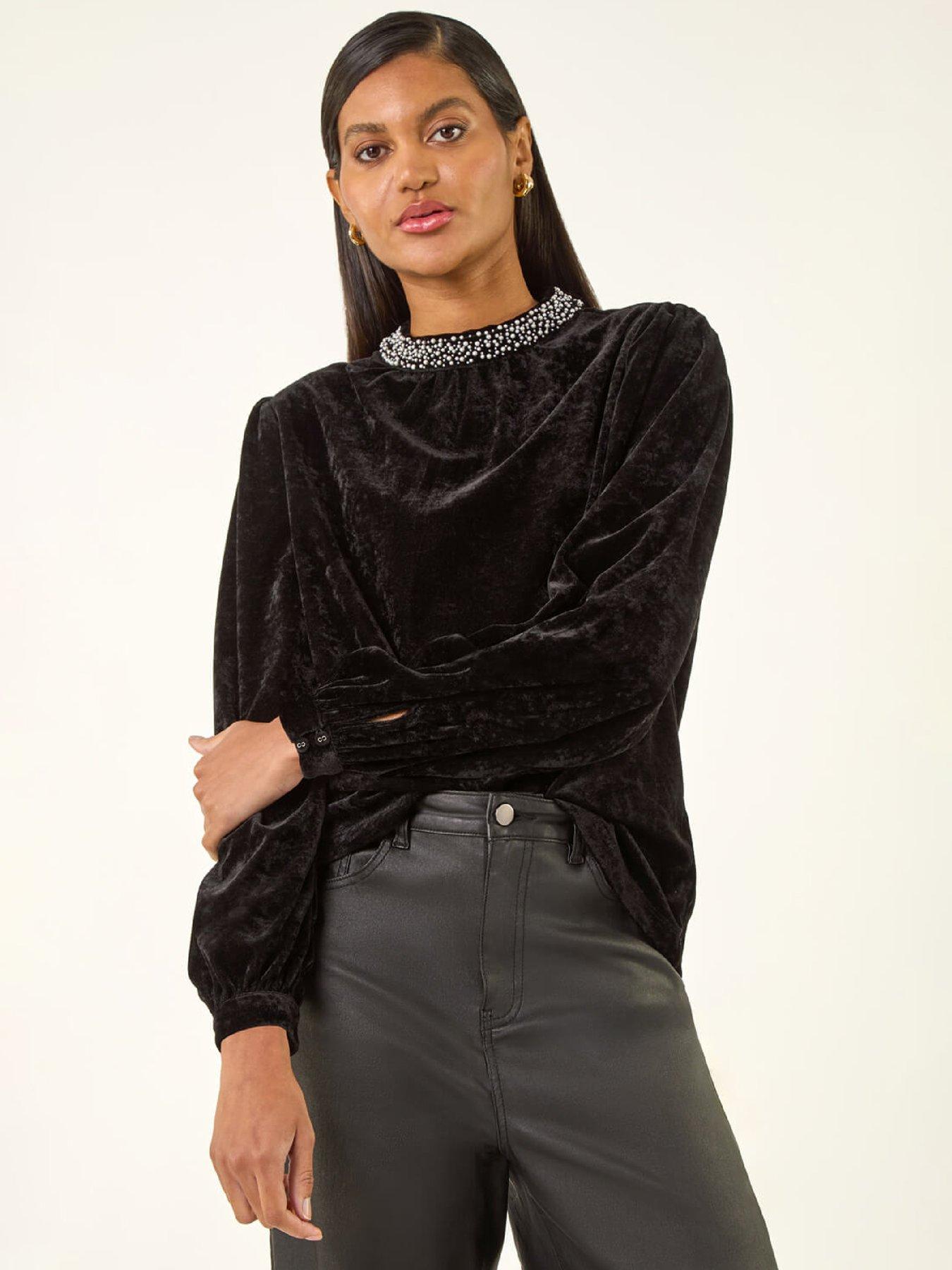  image of roman-beaded-neck-velvet-top-black