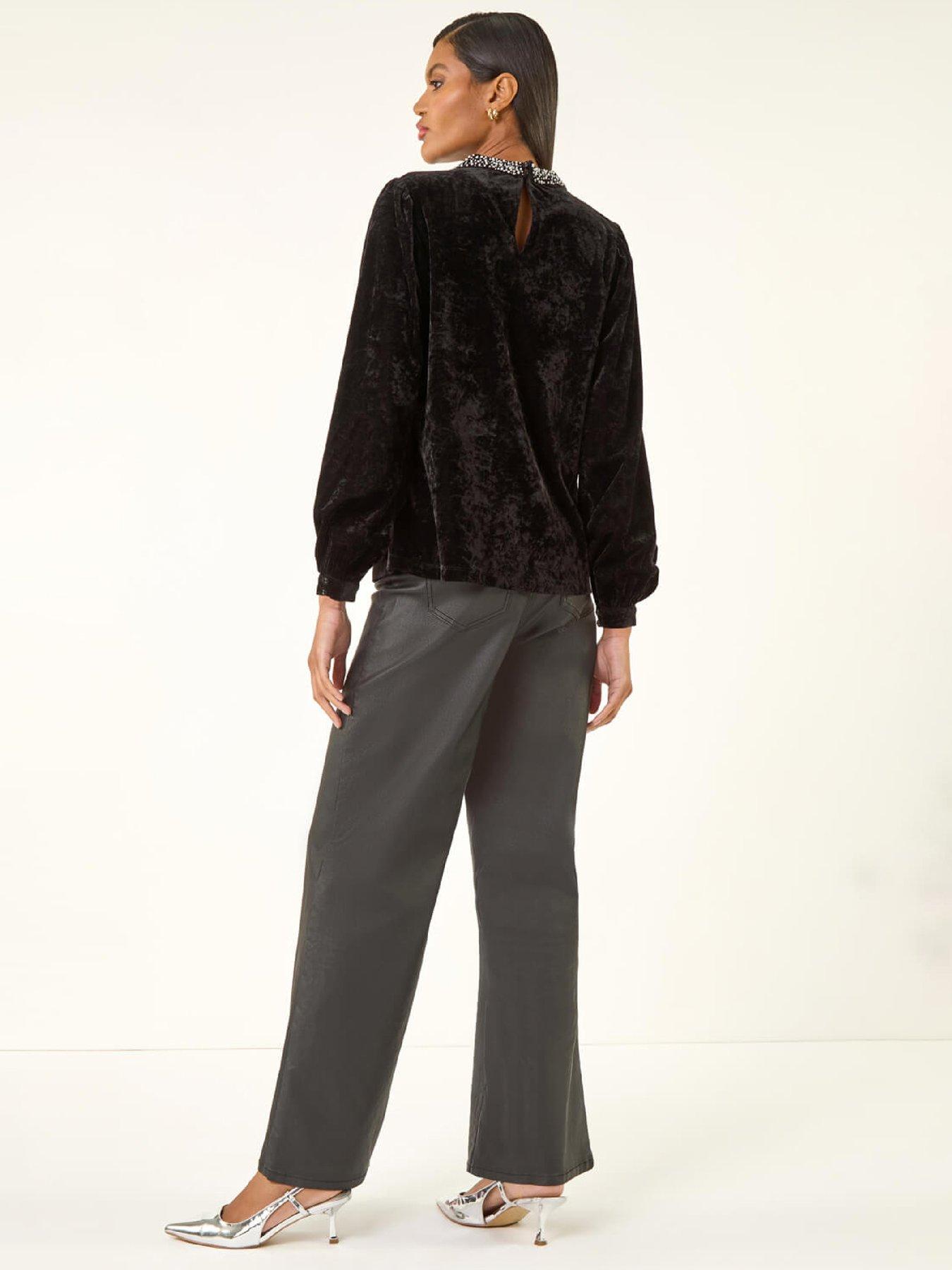  image of roman-beaded-neck-velvet-top-black