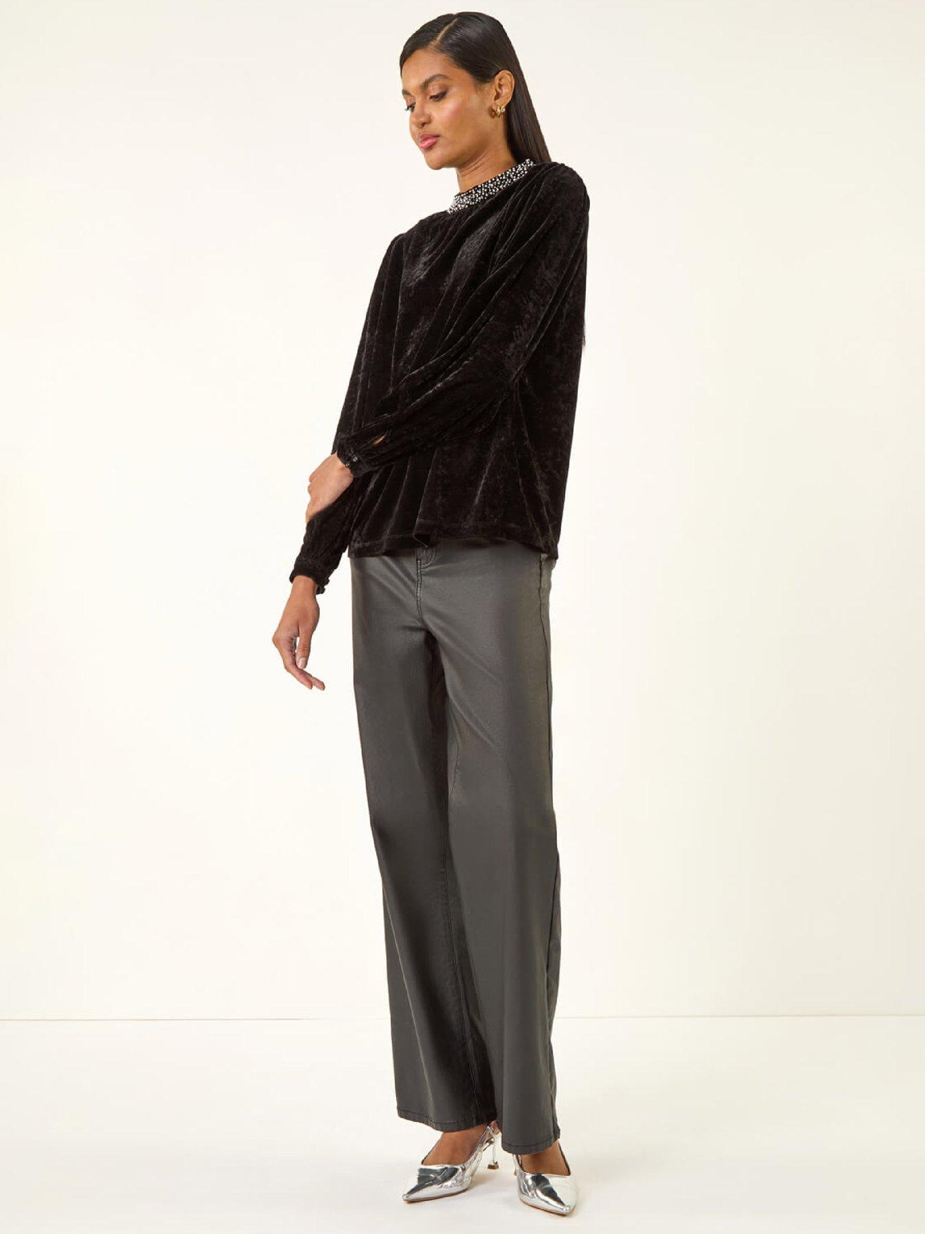  image of roman-beaded-neck-velvet-top-black