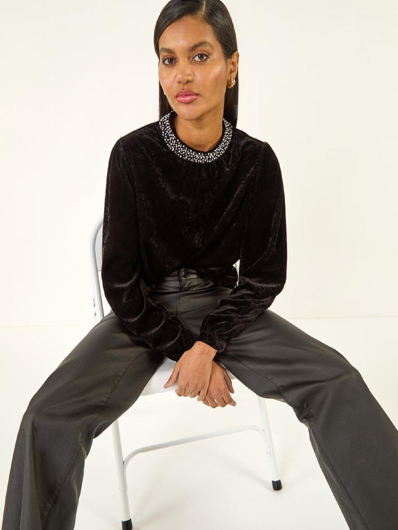 image of roman-beaded-neck-velvet-top-black