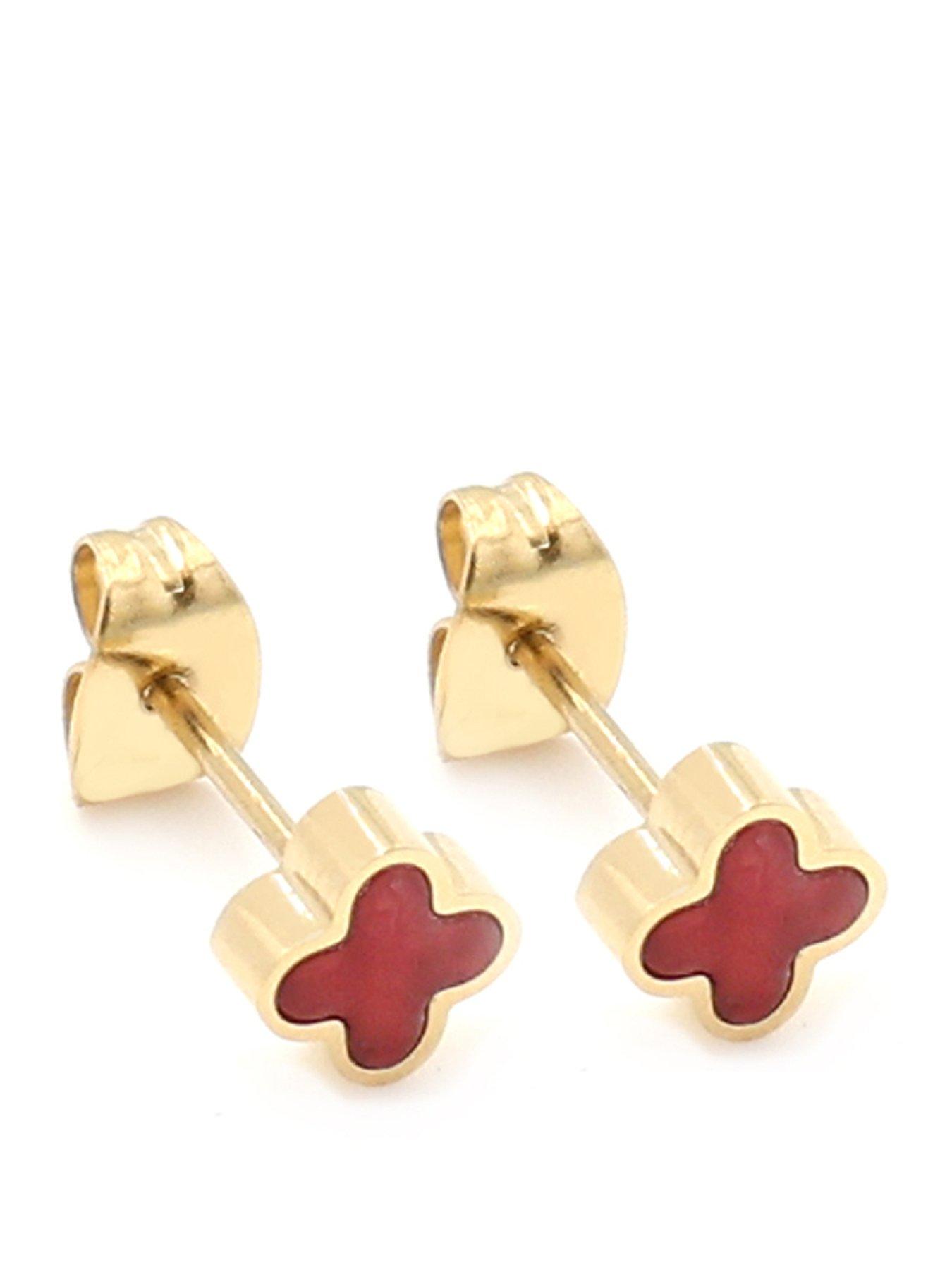 Say It With Cherry Red Crystal Clover Earrings - Yellow Gold