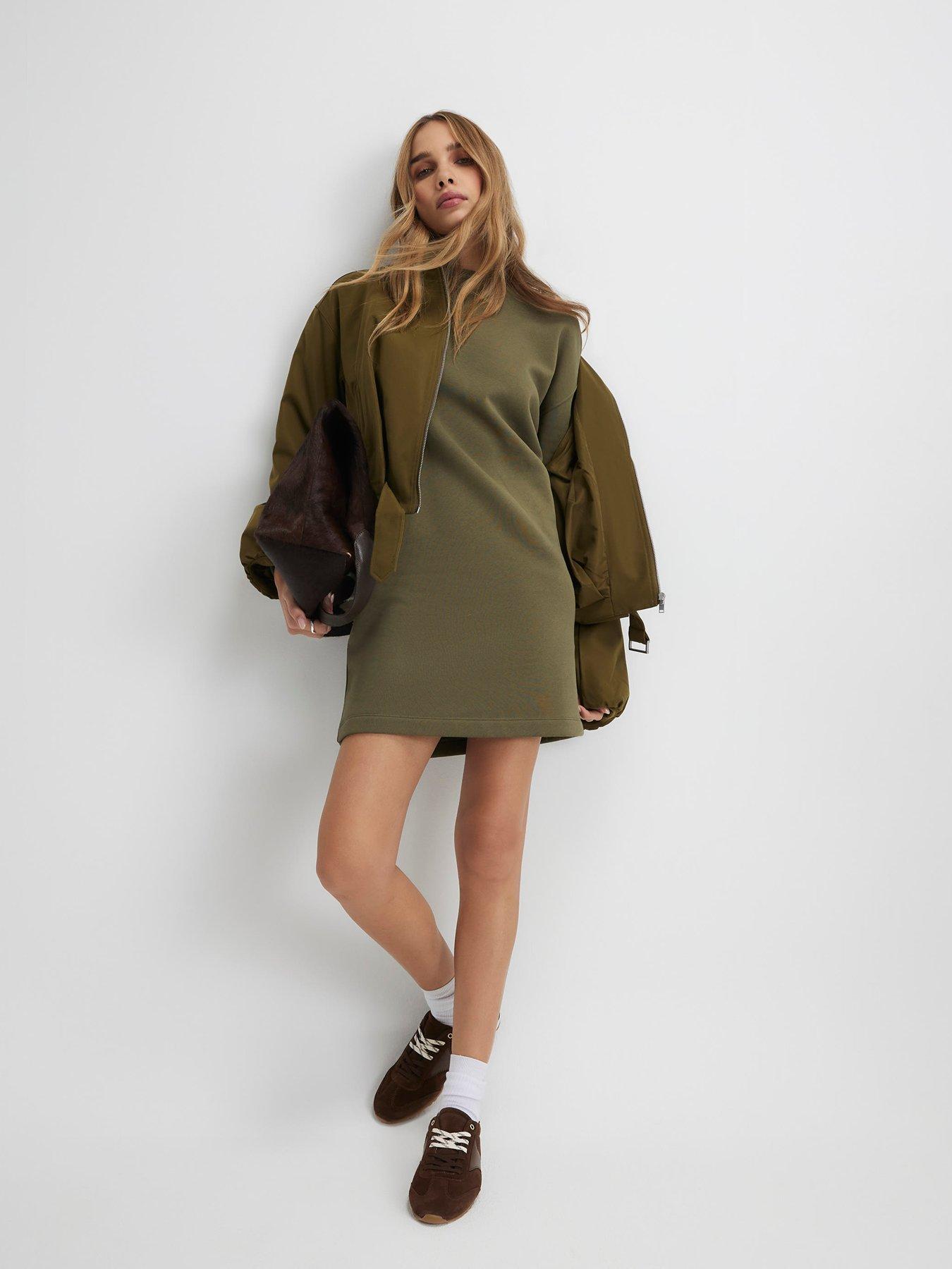 front image of river-island-long-sleeve-plain-sweat-dress-khaki