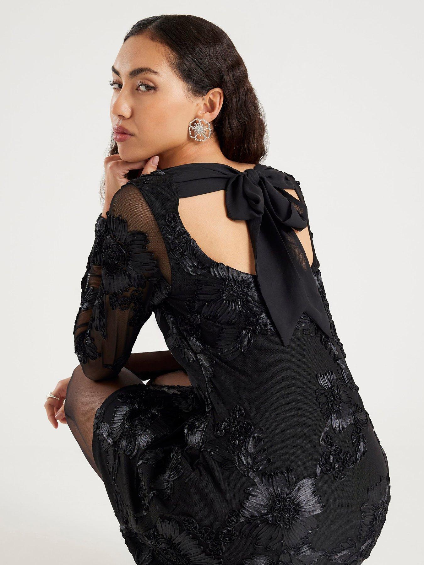 River Island Long Sleeve Bow Back Cornelli Mini Dress - Black