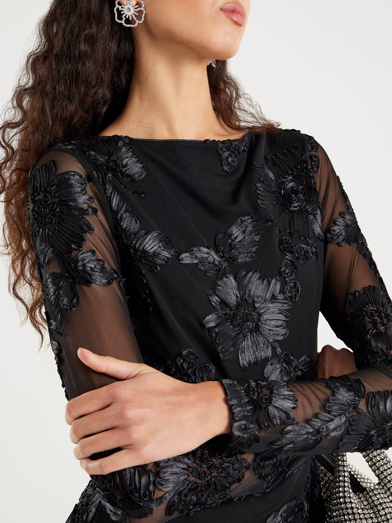 Image 4 of 6 of River Island Long Sleeve Bow Back Cornelli Mini Dress - Black