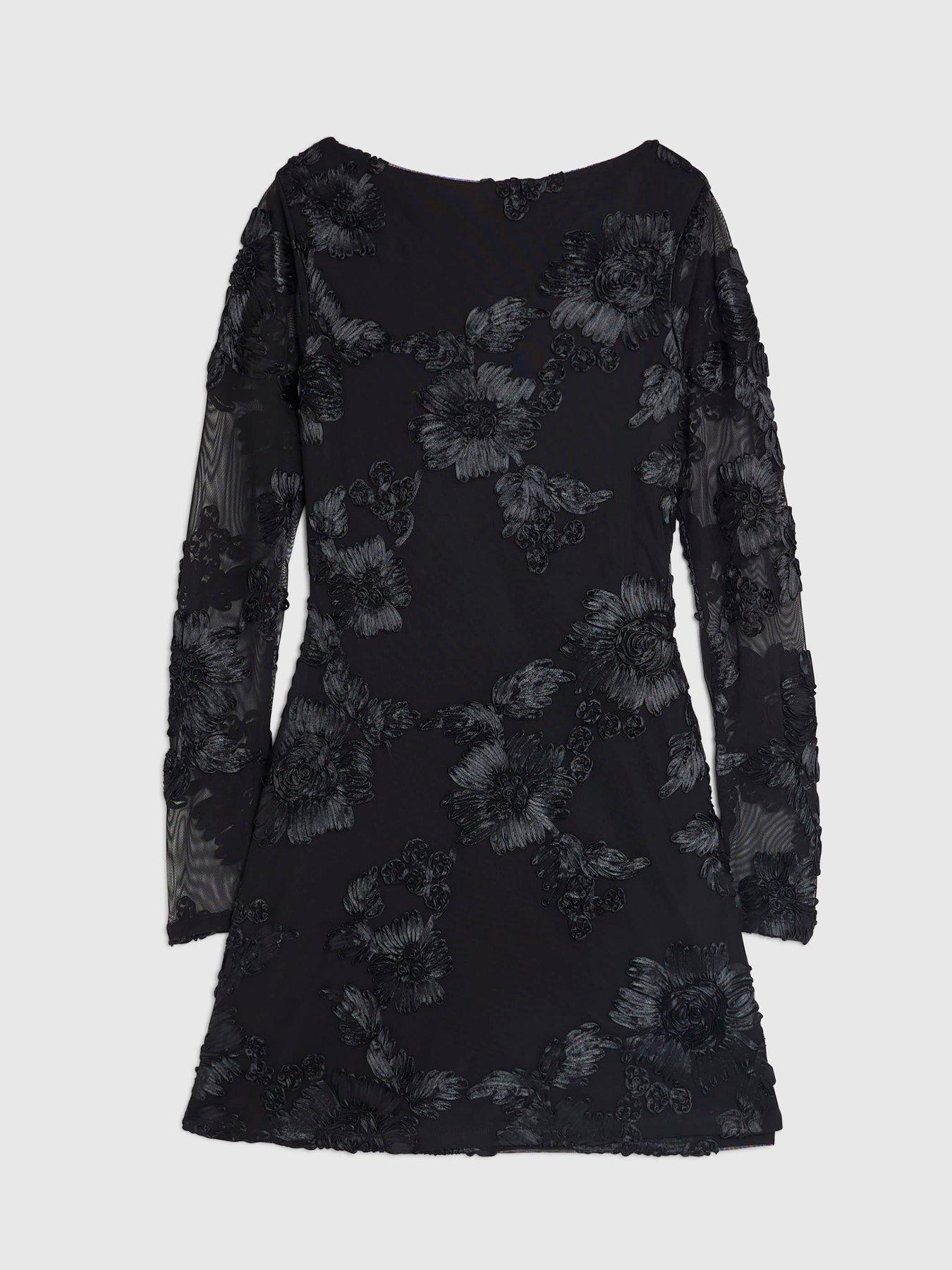 Image 5 of 6 of River Island Long Sleeve Bow Back Cornelli Mini Dress - Black
