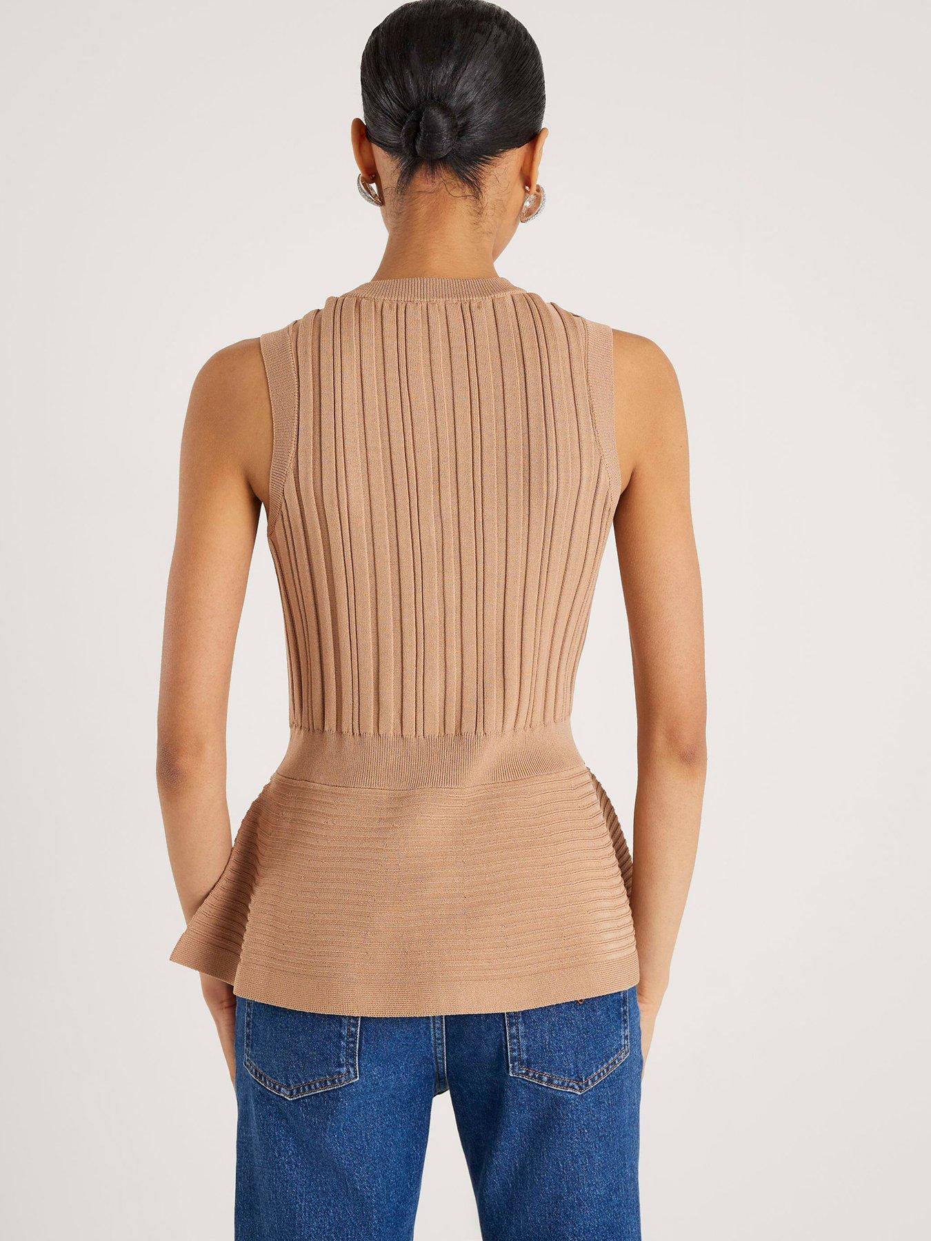 Image 2 of 4 of River Island Short Ribbed Peplum Top - Brown