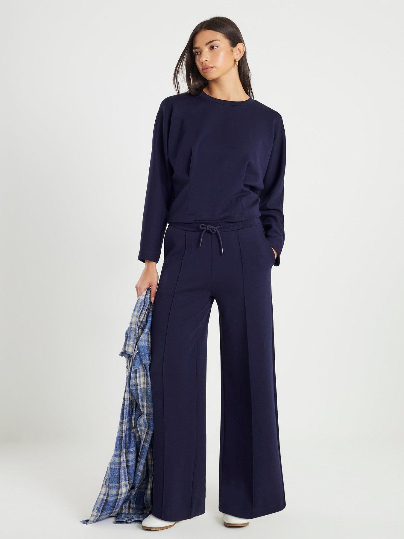 River Island Premium Neo Wide Leg Pintuck Joggers - Navy
