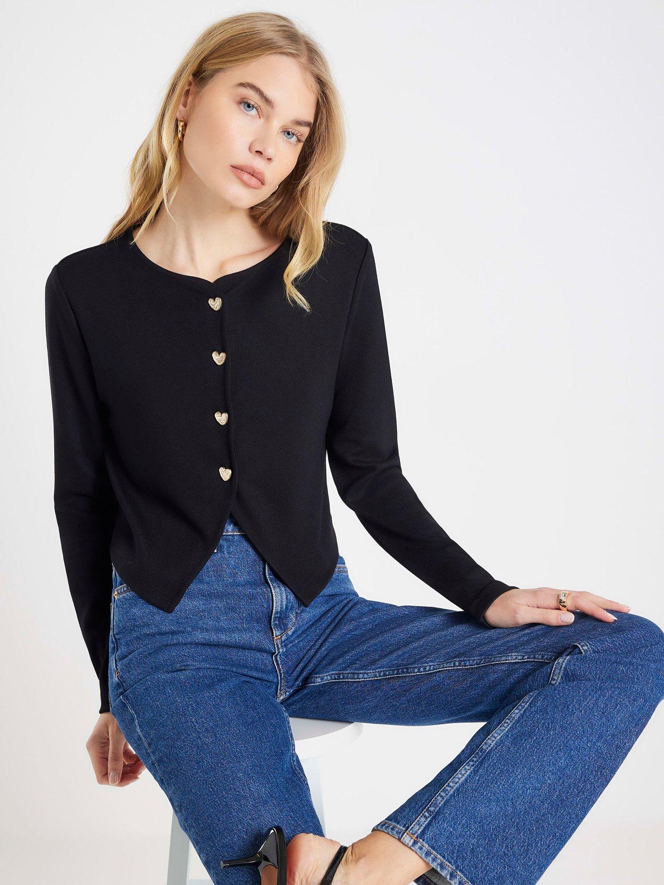 front image of river-island-long-sleeve-cropped-heart-cardigan-black