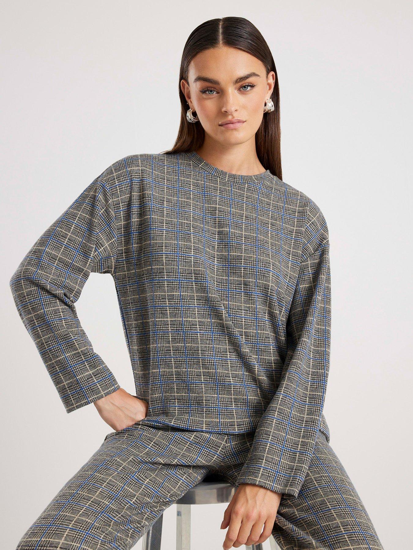 River Island Long Sleeve Check Boxy Tee - Grey