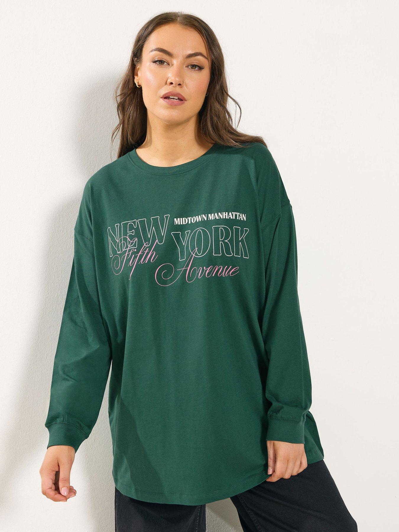 Yours Curve Long Sleeve New York T-Shirt - Green