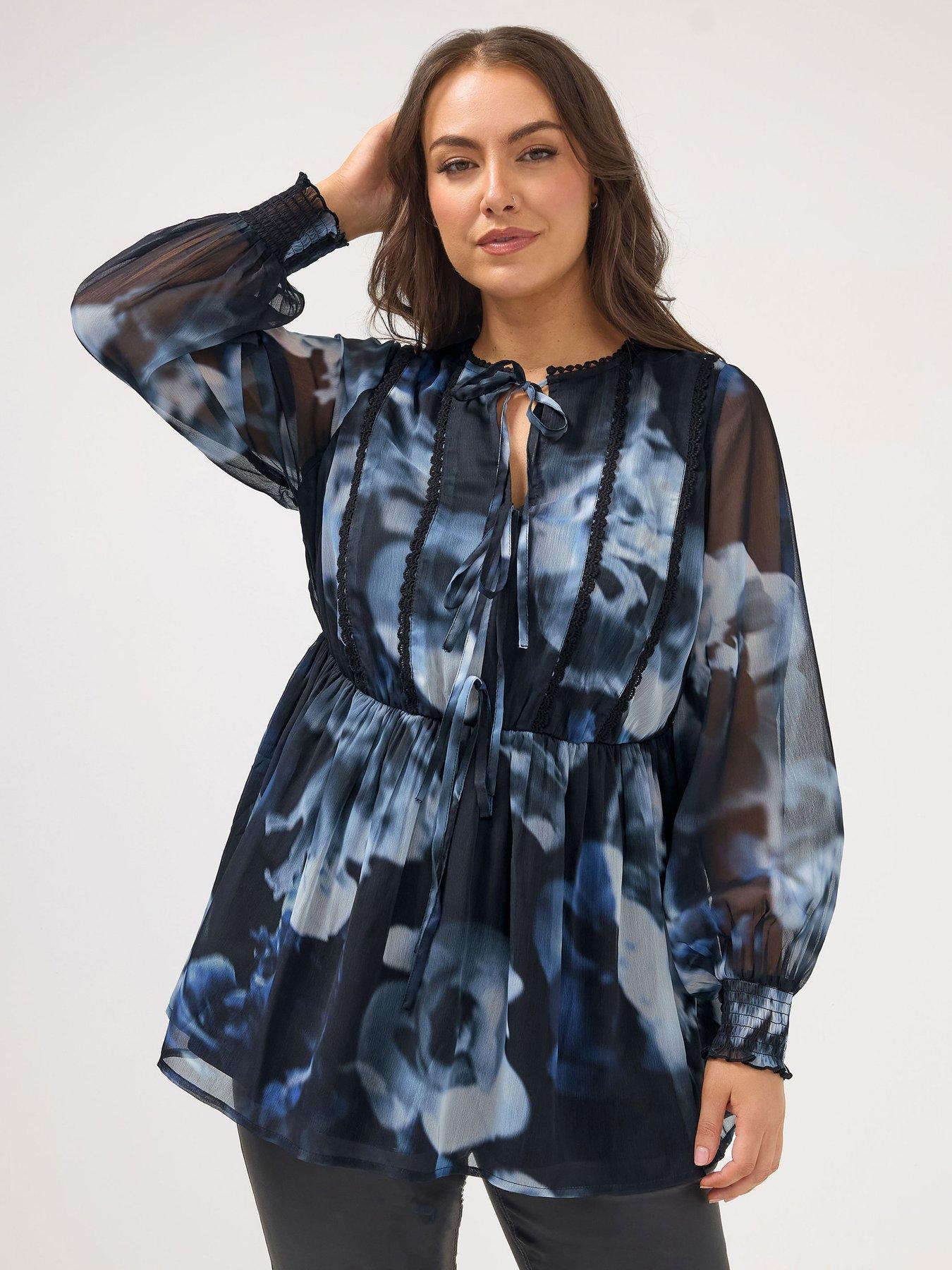 Yours Curve Crochet Tape Tie Front Blouse - Black