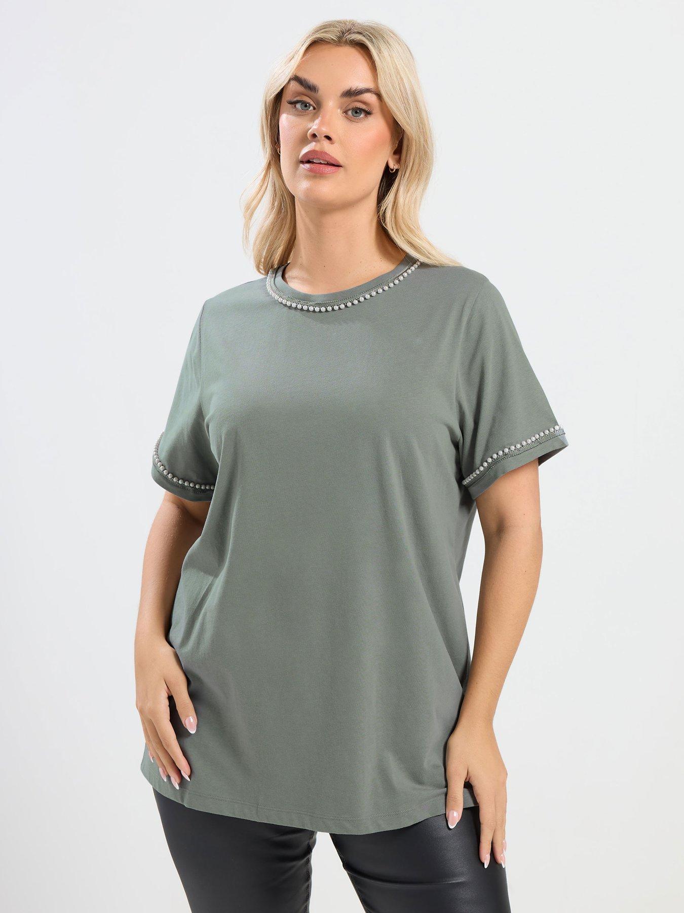 front image of yours-curve-pearl-trim-t-shirt-green