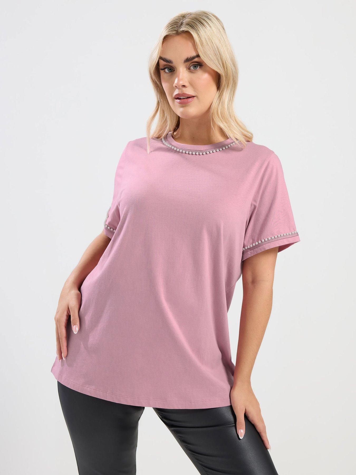 front image of yours-curve-pearl-trim-t-shirt-pink