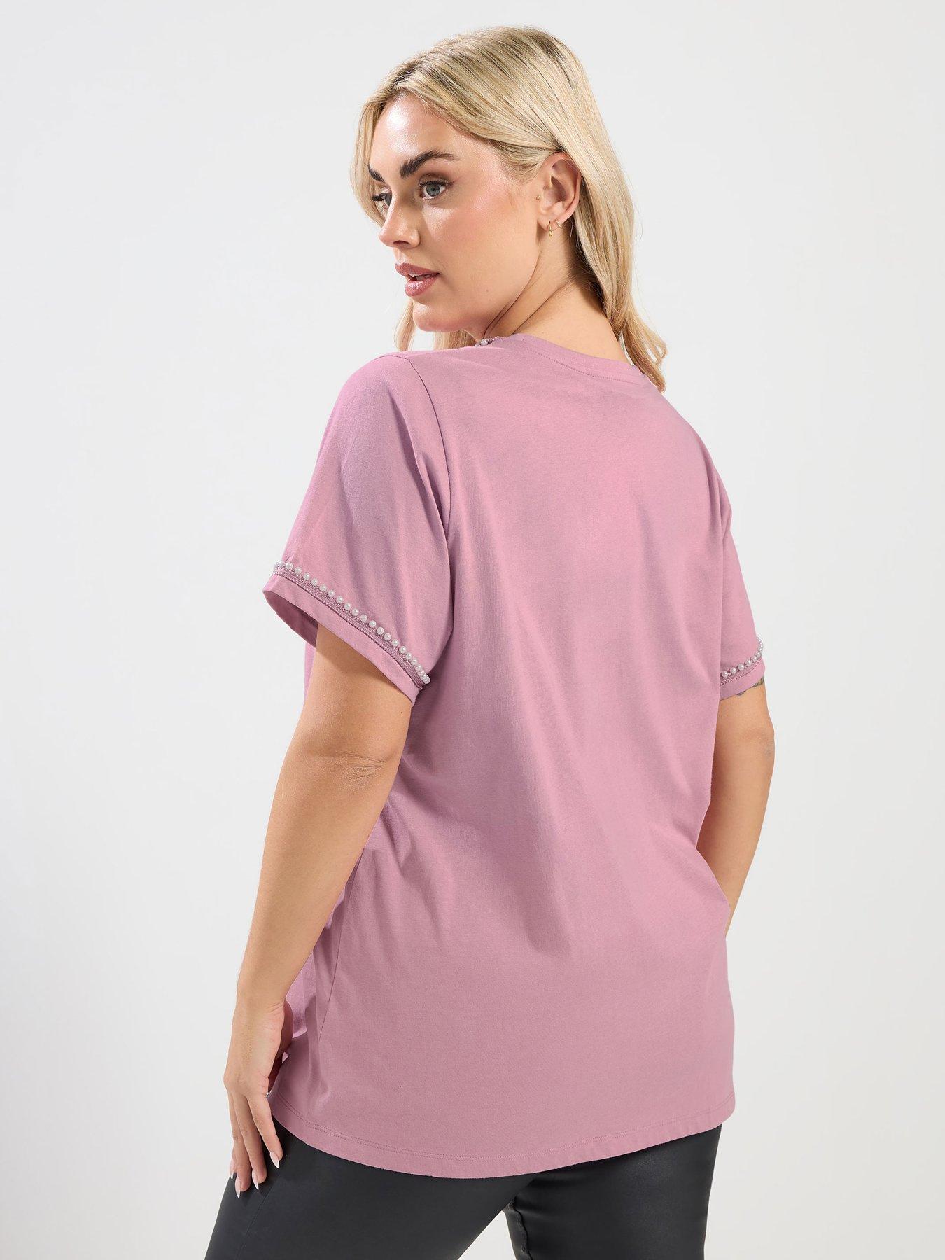 stillFront image of yours-curve-pearl-trim-t-shirt-pink