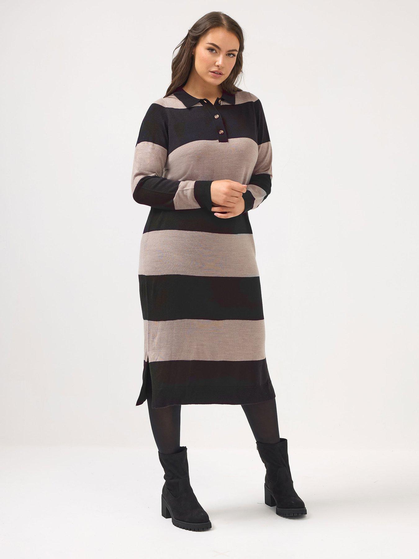 Image 1 of 4 of Yours Curve Rugby Collar Stripe Dress - Black