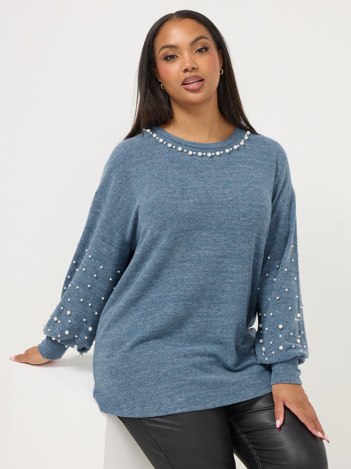  image of yours-curve-pearl-detail-jumper-blue