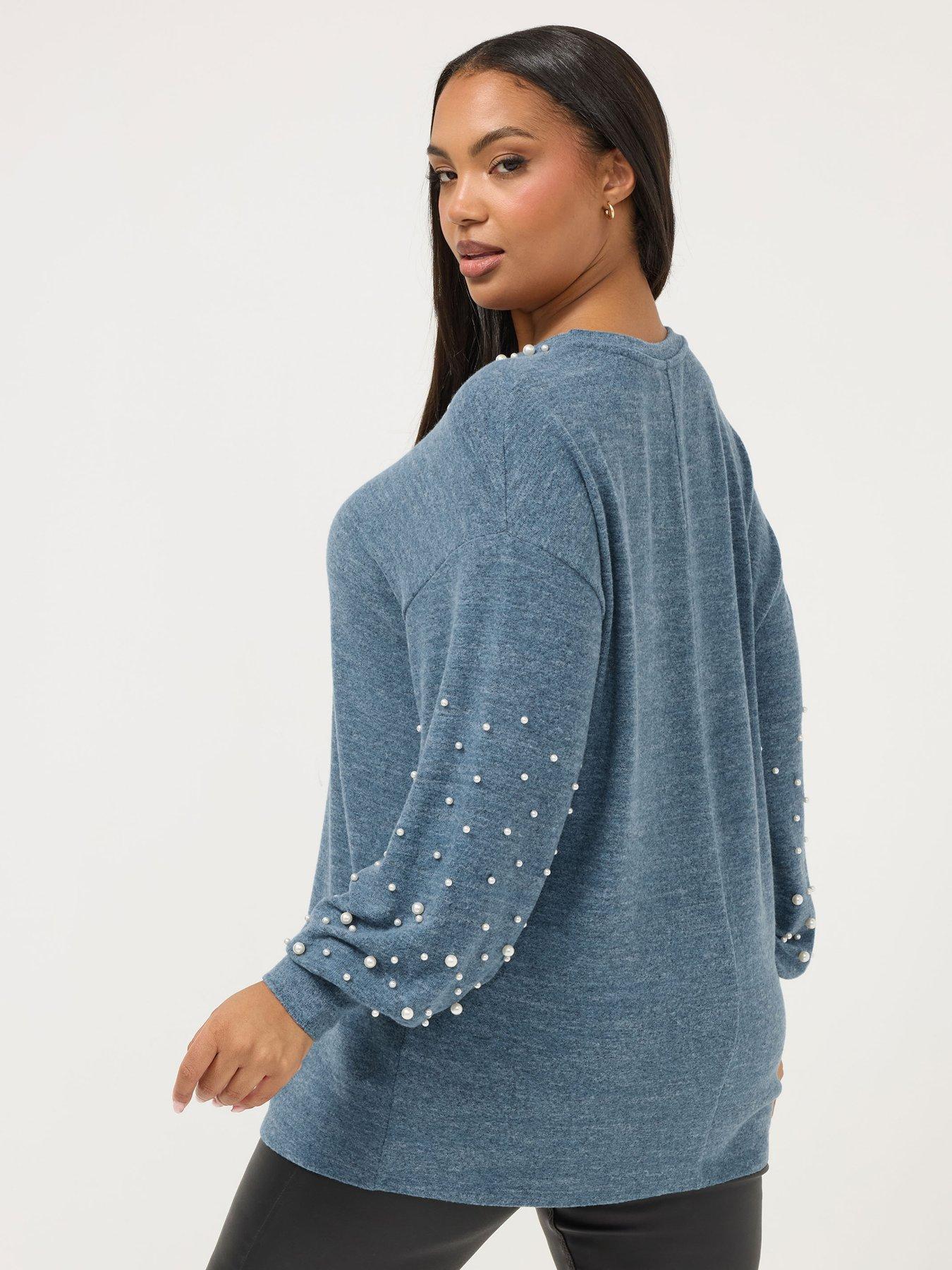 stillFront image of yours-curve-pearl-detail-jumper-blue