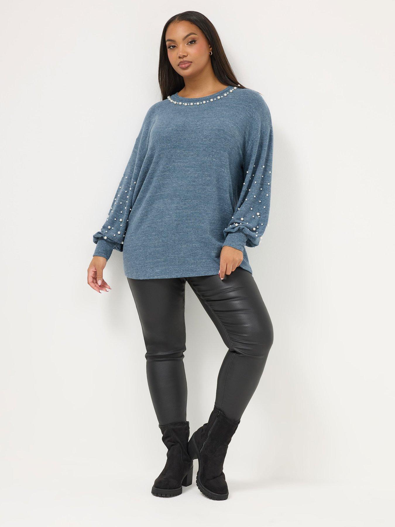  image of yours-curve-pearl-detail-jumper-blue