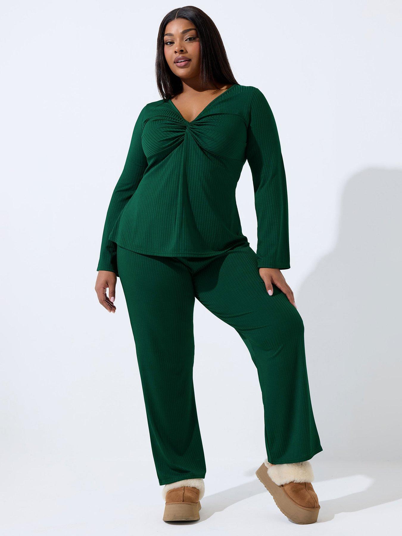 Image 3 of 5 of Yours Curve Rib Wide Leg Trouser - Green