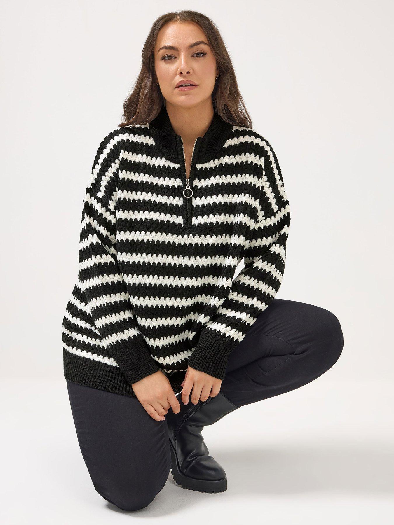 front image of yours-curve-quarter-zip-scallop-stripe-jumper-black