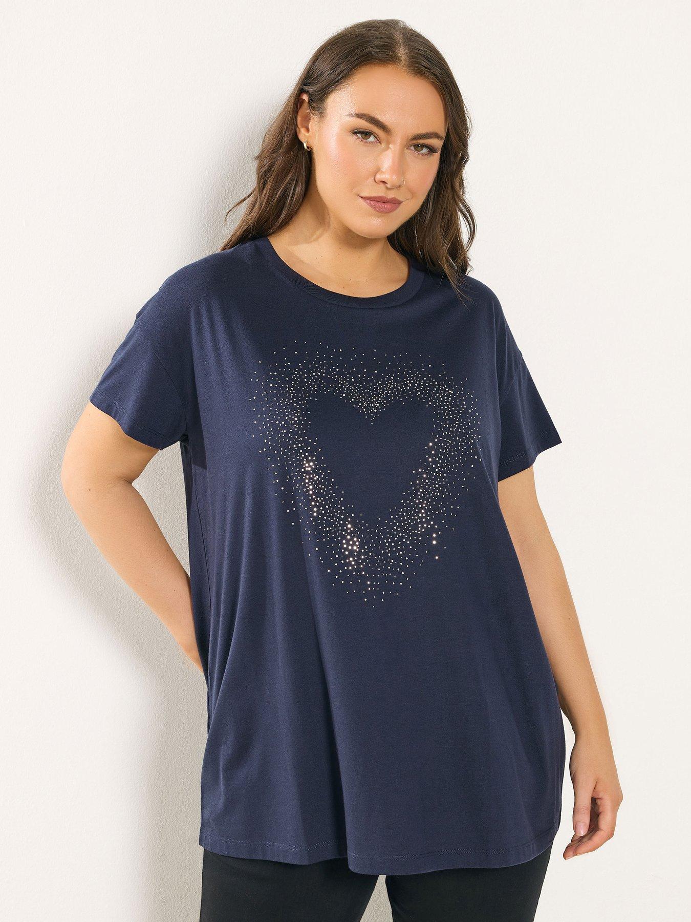 Yours Curve Studded Heart T-Shirt - Blue