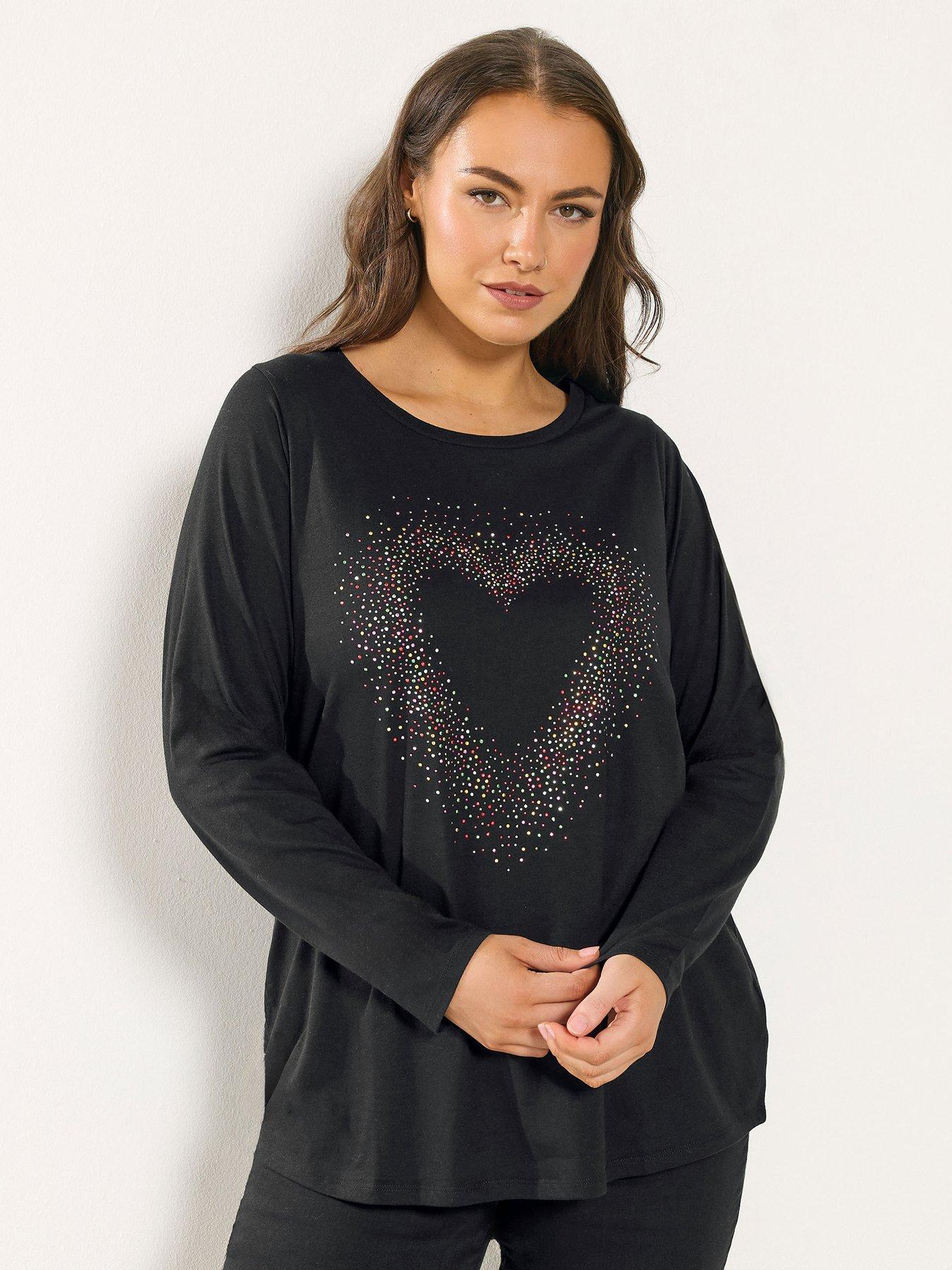 front image of yours-curve-long-sleeve-heart-print-t-shirt-black