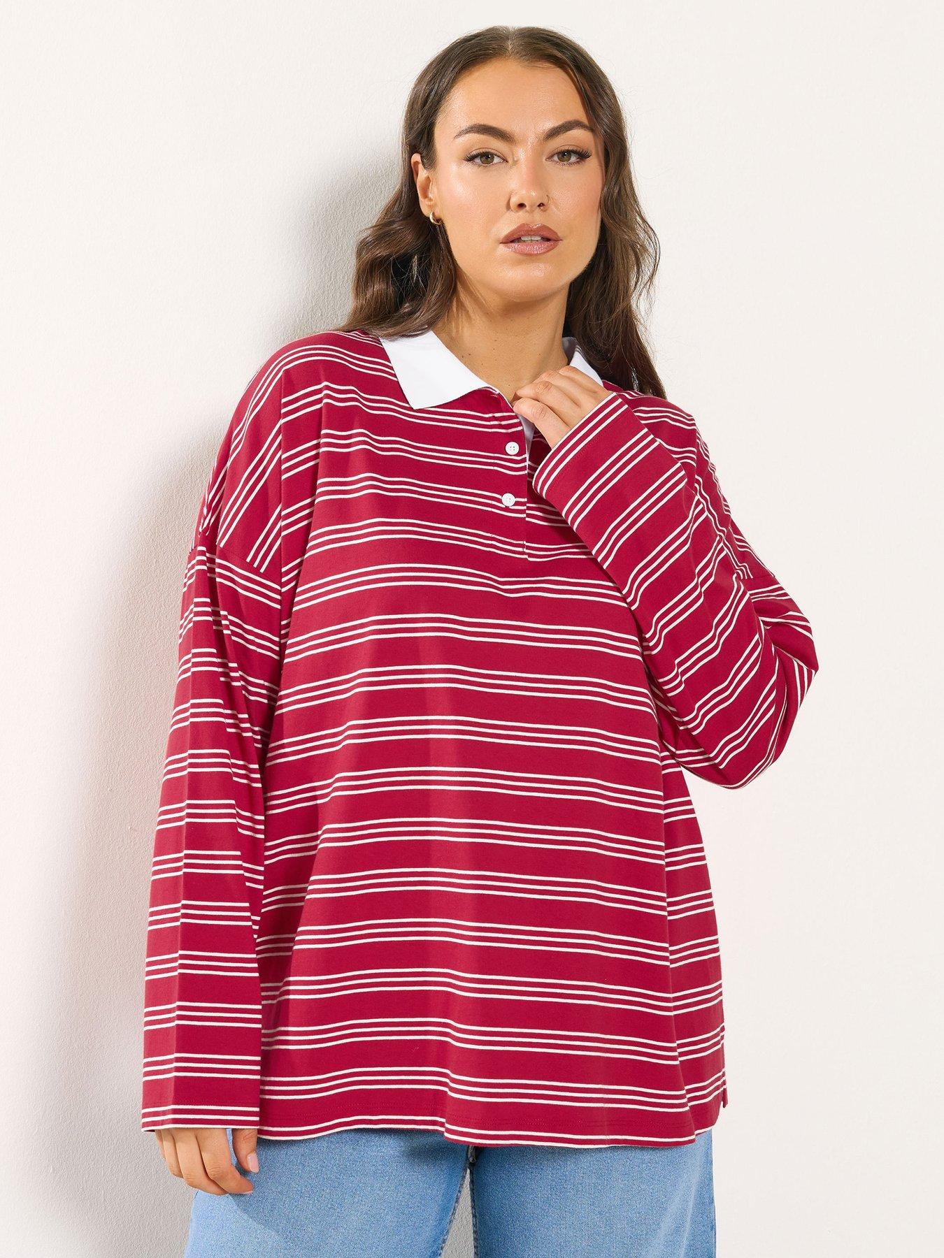 Yours Curve Rugby Collar Long Sleeve Stripe Top