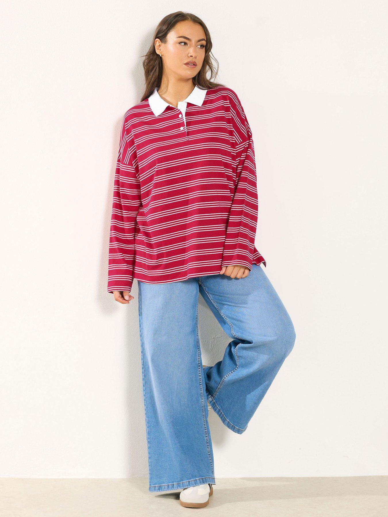  image of yours-curve-rugby-collar-long-sleeve-stripe-top-red