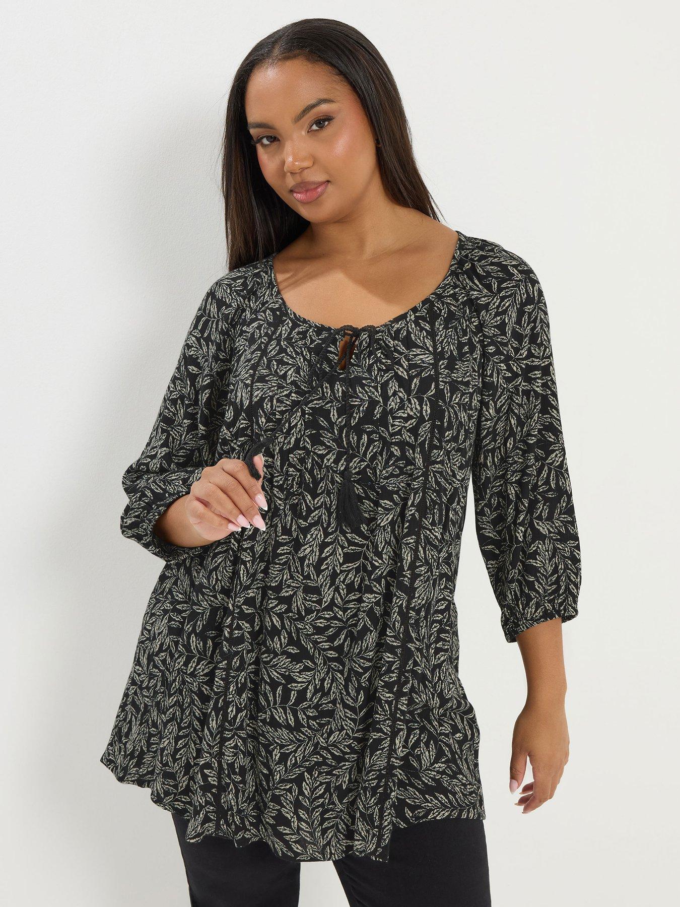 Yours Curve 3/4 Sleeve Tie Front Top - Black